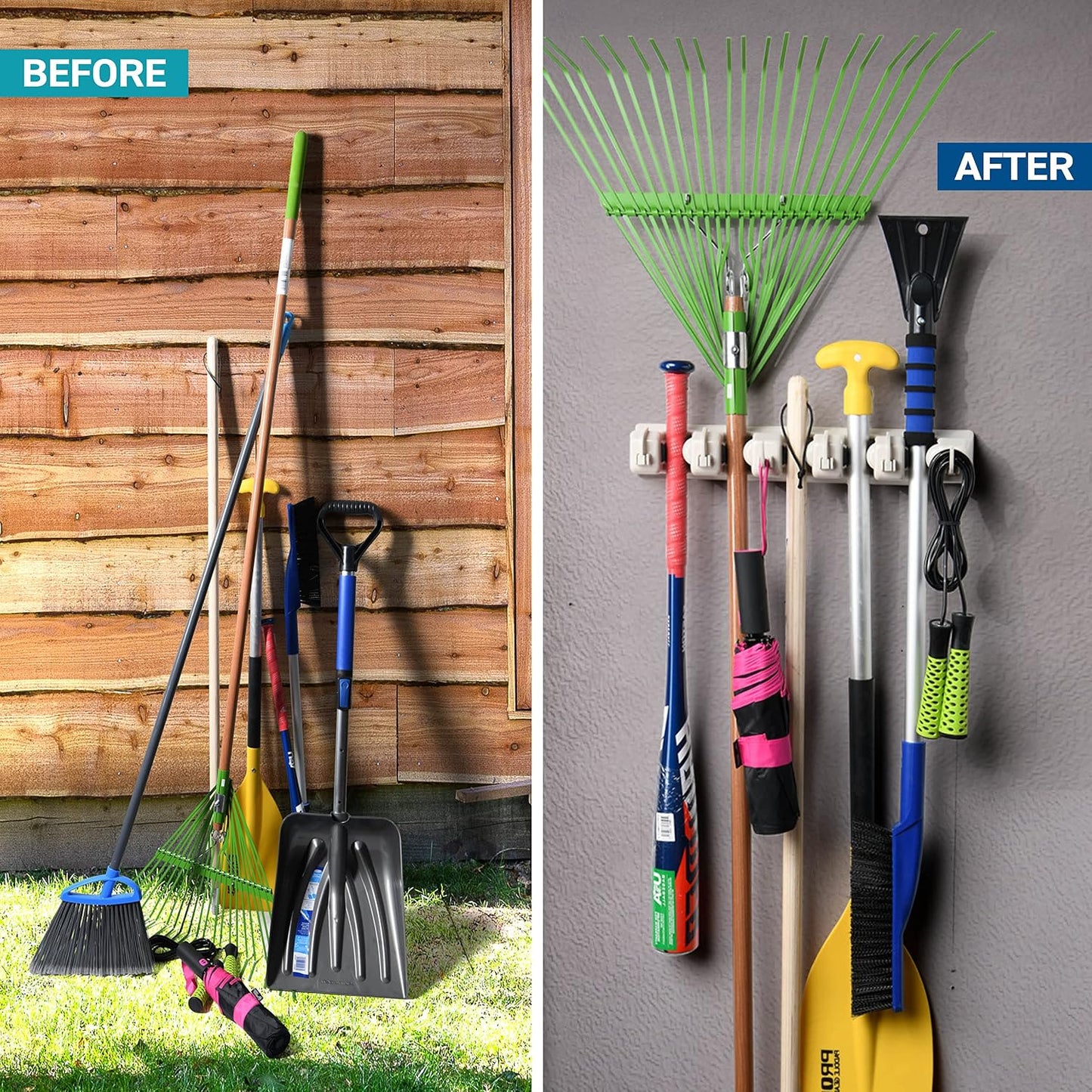 Mop and Broom Holder Wall Mount - Garage Storage Organizer with 5 Slots, 6 Hooks, 7.5lbs Capacity Per Slot - Home, Kitchen, Closet, Garden Tools, Laundry Room Organization – Black Broom Hanger