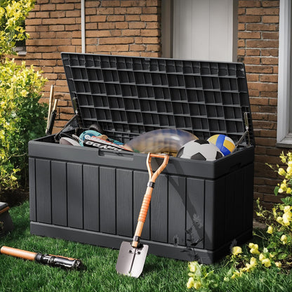 Greesum 110 Gallon Outdoor Storage Box with Lockable Lid, All-Weather for Patio Furniture, Pool Supplies & Garden Tools, Waterproof, UV-Resistant Large Deck Box, Dark Black