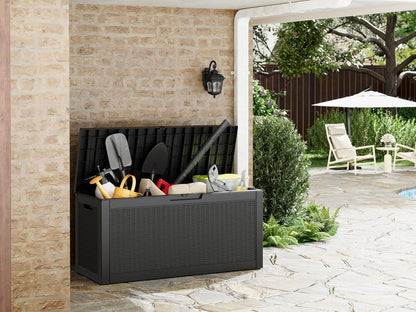 Outdoor Storage Box, Resin Deck Boxes Indoor and outdoor, Waterproof Storage Box Lockable Lid (Black, 85 Gallon)