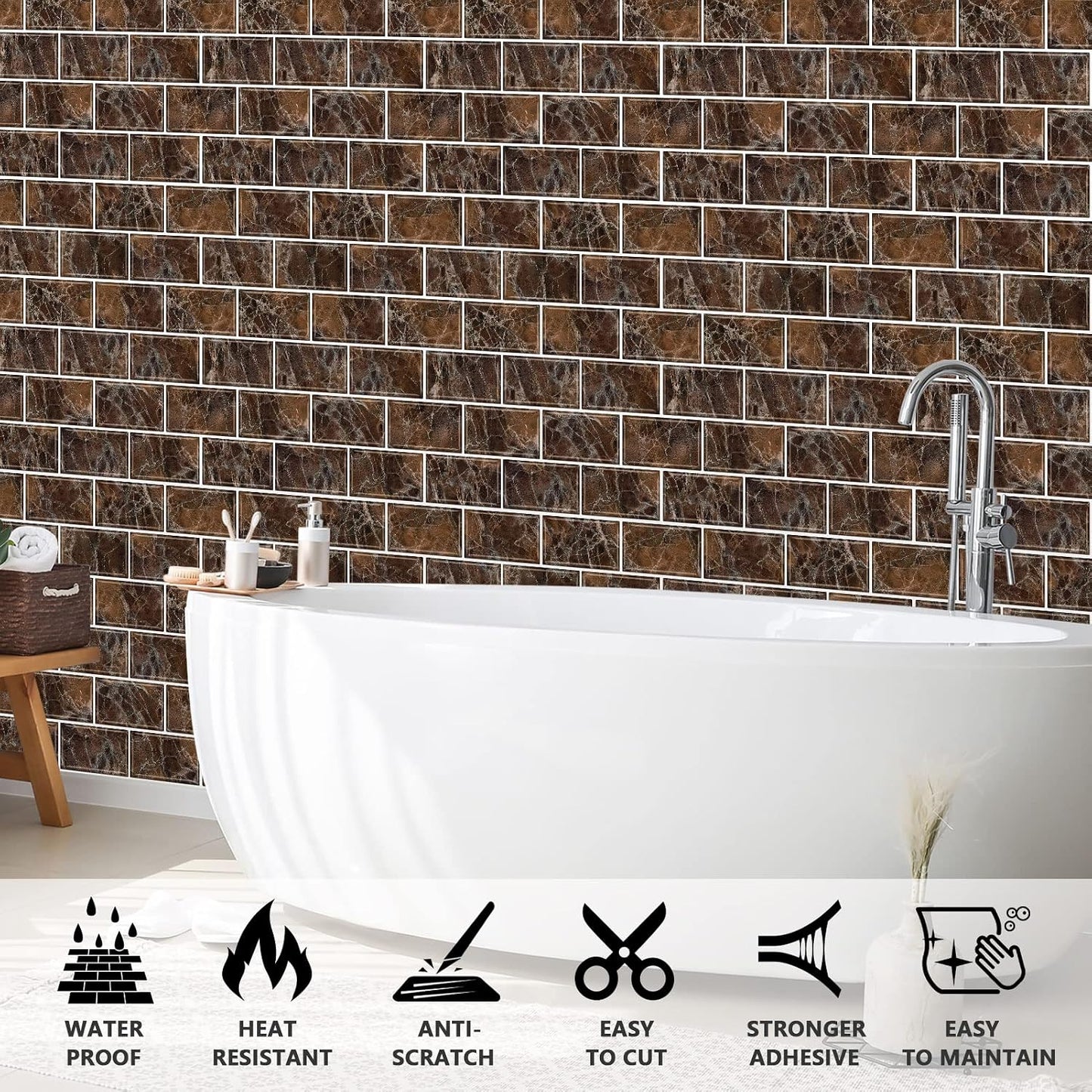 URCOLOR 10-Sheet Stick on Backsplash for Kitchen,12"x12" Peel and Stick Self Adhesive Wall Tiles Back Splashes for Bathroom Brown Marble Look