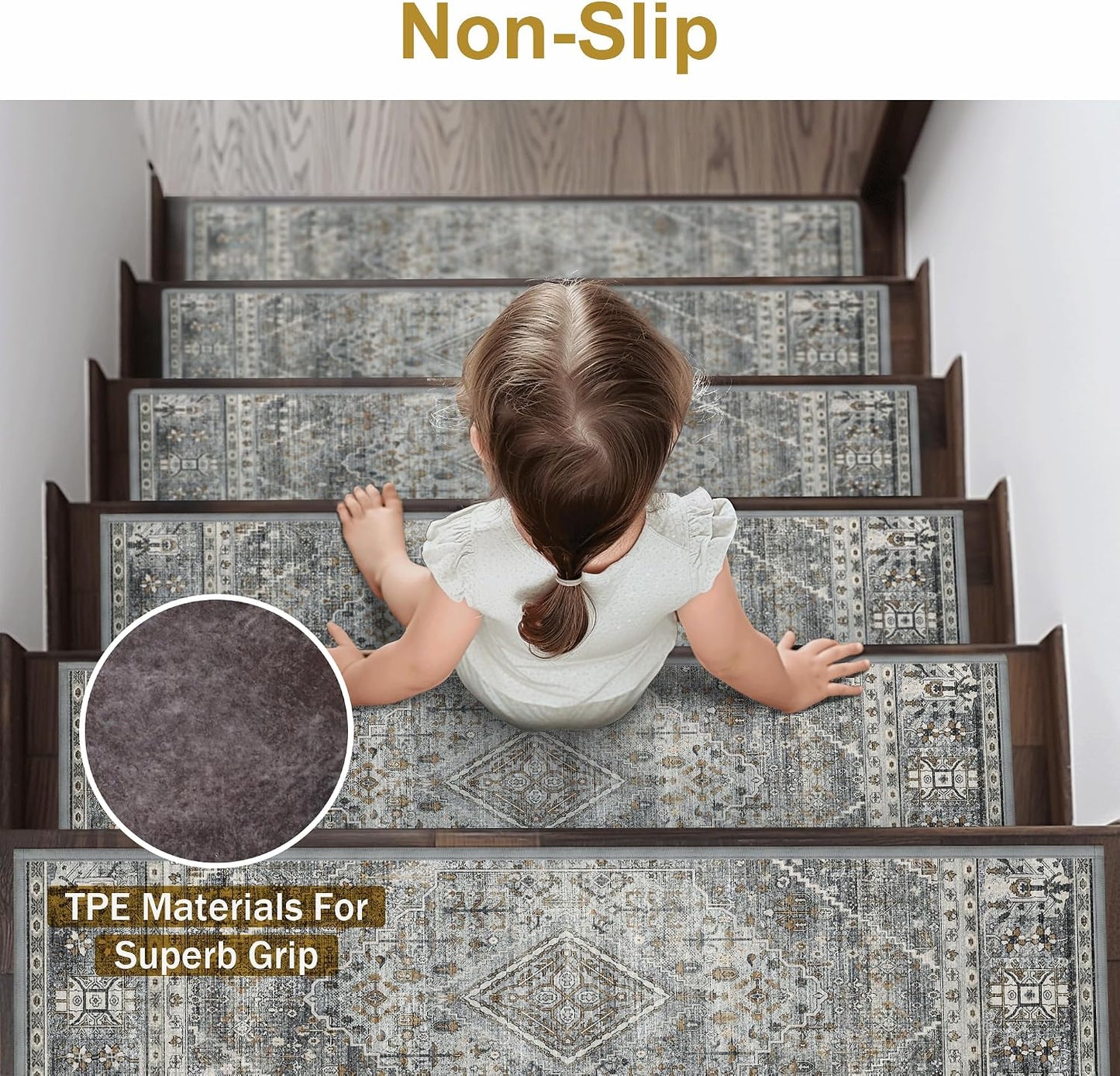 sarben Non Slip Stair Treads for Wooden Steps 15PCS - 8"x30" Indoor Safety Carpet, Edging Mats with TPE Adhesive Backing, Pet and Elderly Friendly Stair Rugs (Taupe) - Colors A
