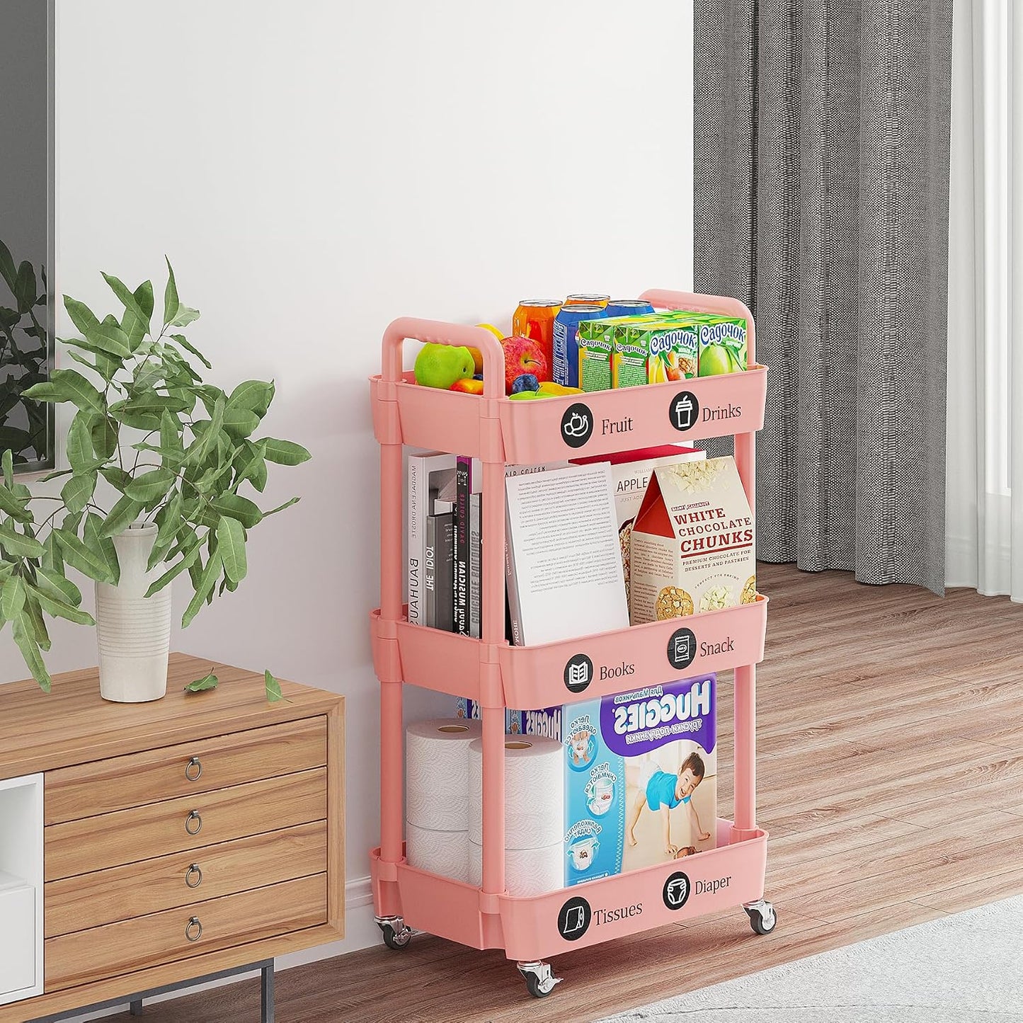 Laiensia 3-Tier Rolling Cart with Wheels,Multifunction Utility Storage Carts, Kitchen Storage Organizer,Mobile Shelving Unit for Bathroom,Laundry,with Classified Stickers,White