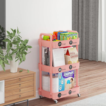 Laiensia 3-Tier Rolling Cart with Wheels,Multifunction Utility Storage Carts, Kitchen Storage Organizer,Mobile Shelving Unit for Bathroom,Laundry,with Classified Stickers,White