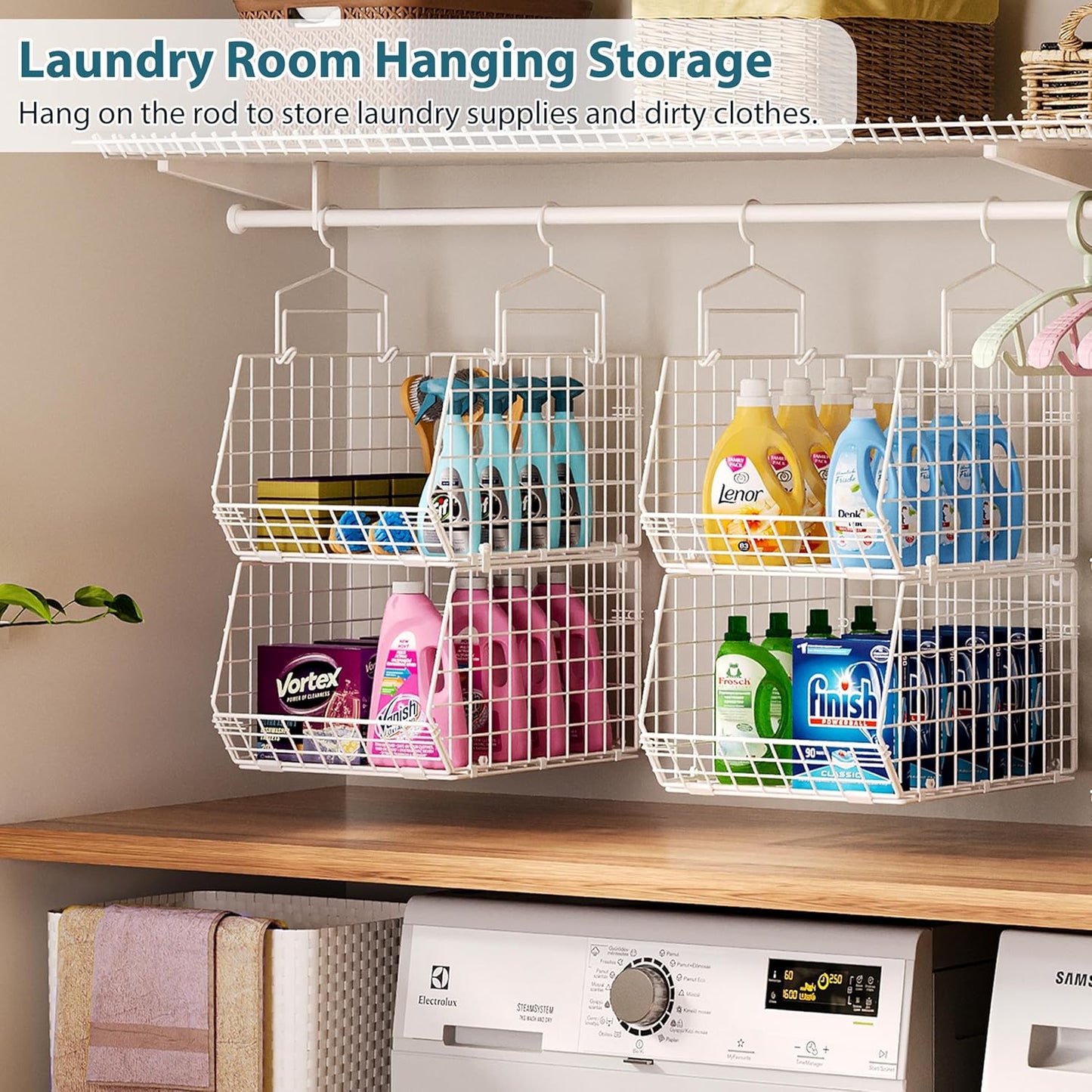8-Tier Extended Depth Hanging Closet Organizers and Storage for Closet System, Stackable Closet Shelves with 4 Adjustable Dividers for Clothes Sweaters Purses, Wire Hanging Basket Fits Closet Laundry