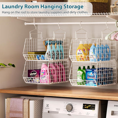 8-Tier Extended Depth Hanging Closet Organizers and Storage for Closet System, Stackable Closet Shelves with 4 Adjustable Dividers for Clothes Sweaters Purses, Wire Hanging Basket Fits Closet Laundry