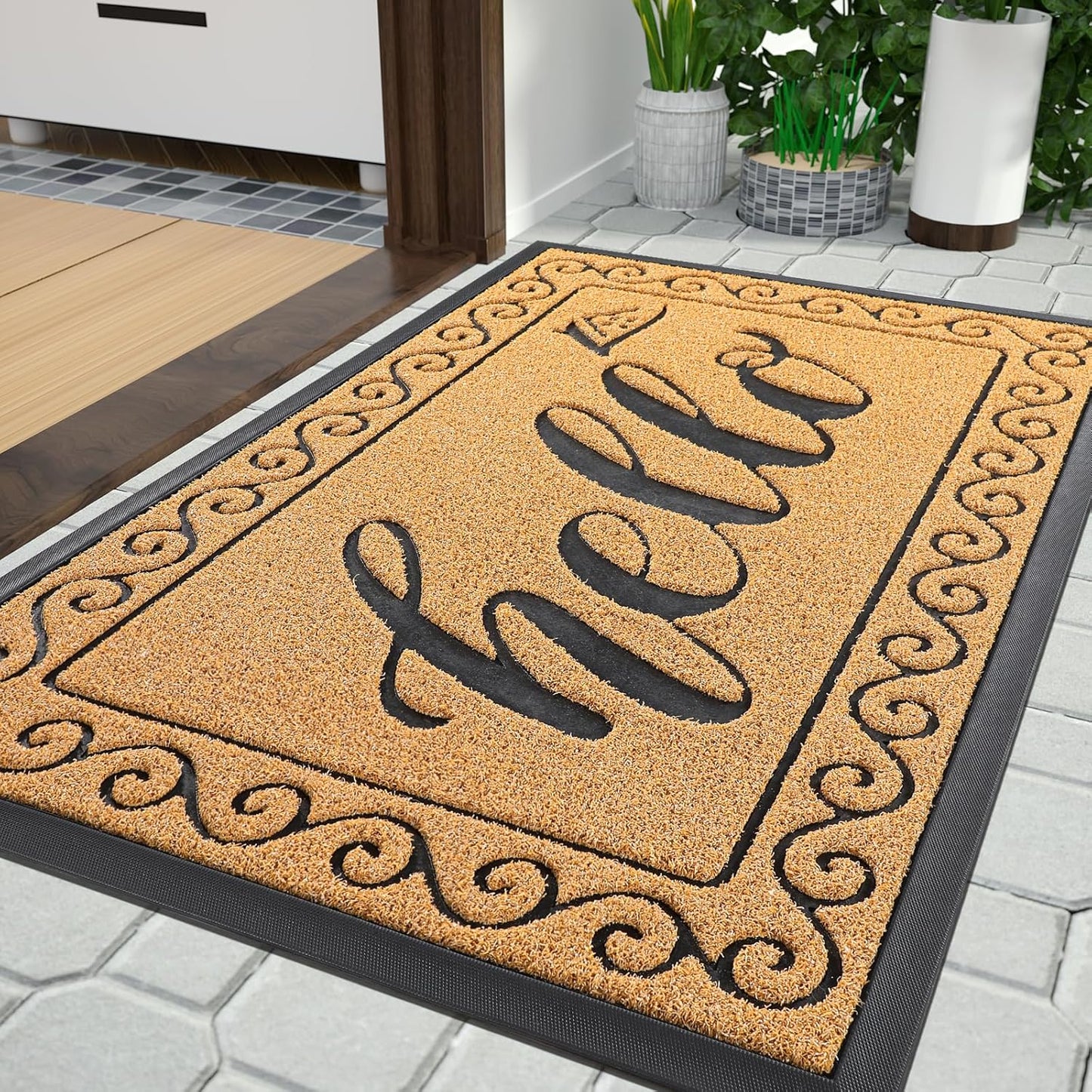 Yimobra Welcome Mat, Heavy Duty Sturdy Door Mats for Home Entrance Outdoor Indoor, Front Doormat for Outside Patio Floor Entry Porch Garage Office, Waterproof, Low Profile, 29.5x17, Black Grey