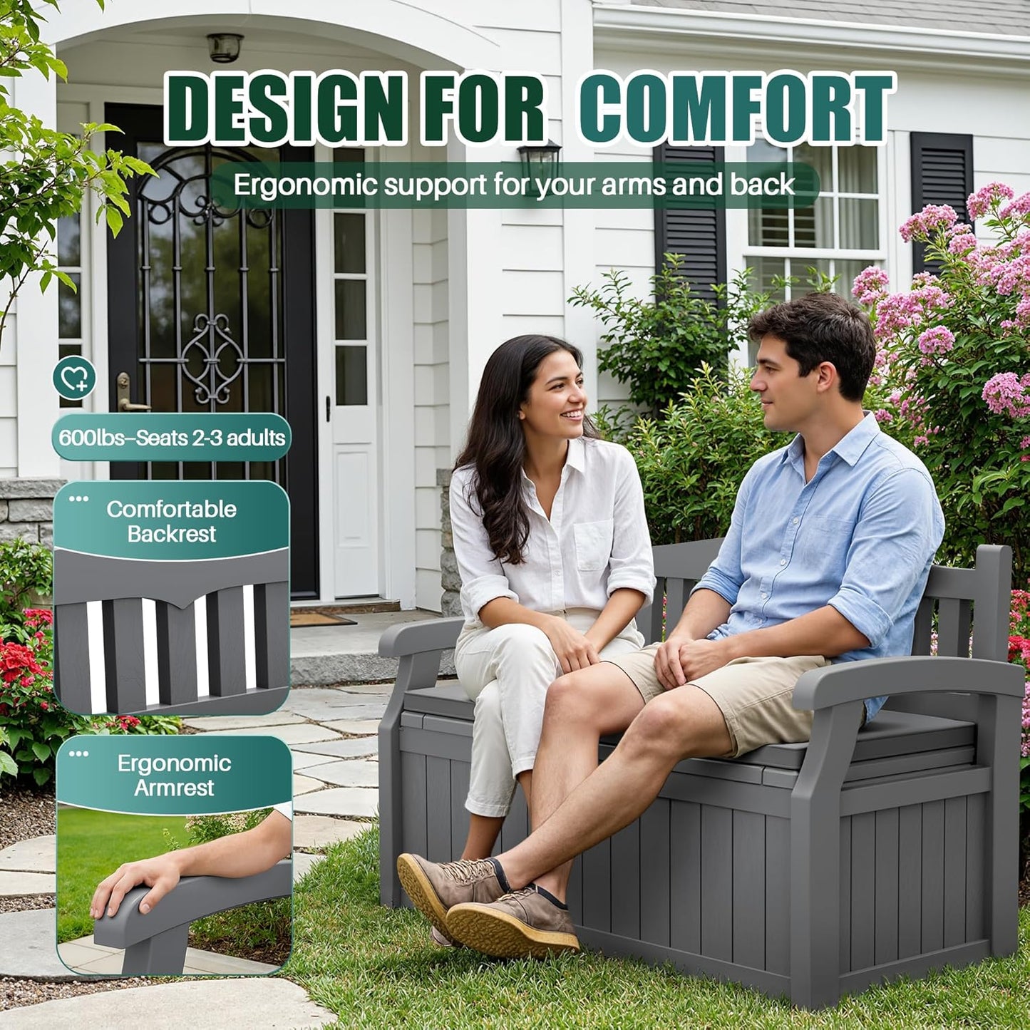 Devoko 80 Gallon Storage Bench Deck Box Lockable for Patio Furniture, Garden Decor and Outdoor Seating for Cushions, Garden Tools and Pool Supplies (Black)