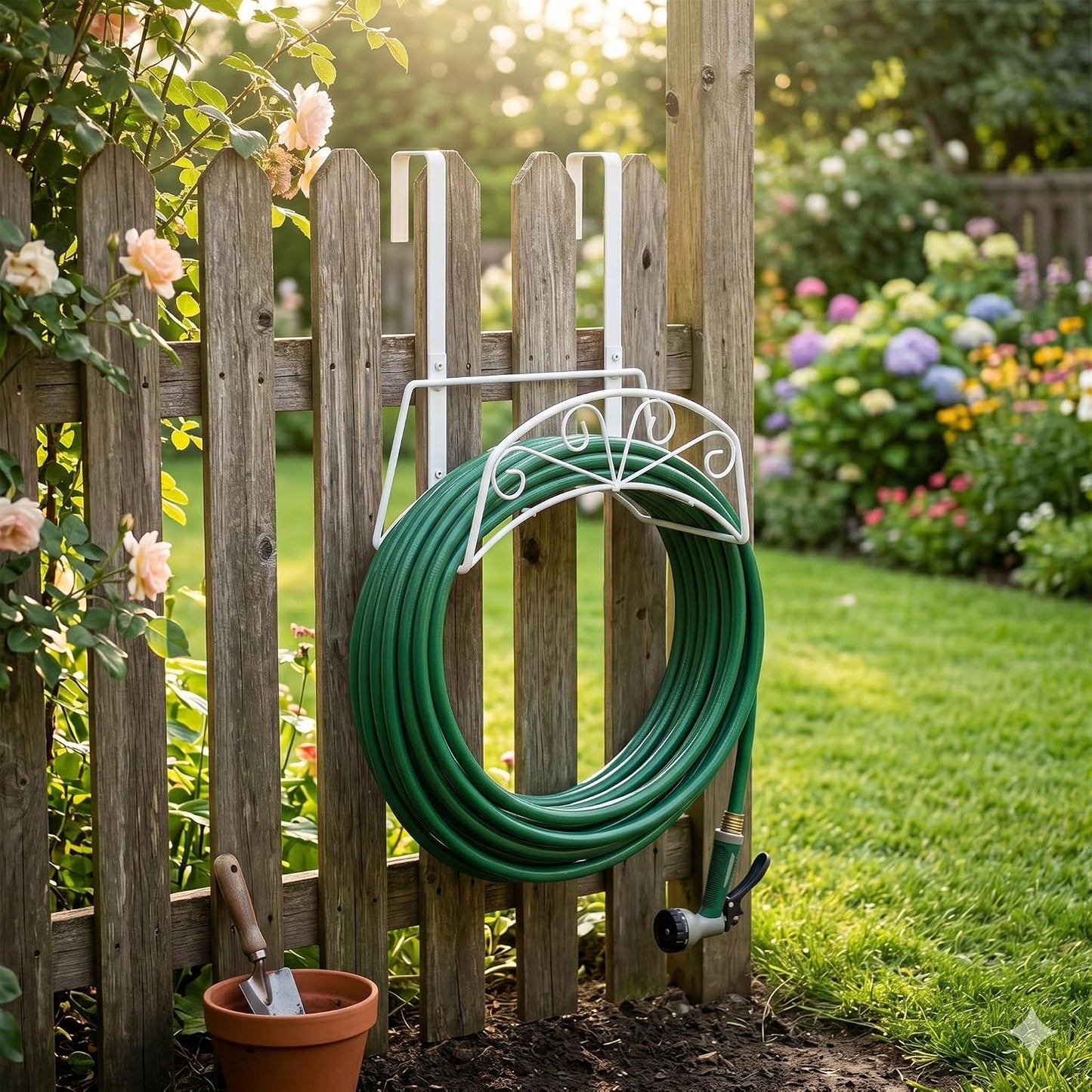 Garden Hose Holder, Sturdy Hose Storage Organizer Reel Rack for Outside Garden Lawn Yard Farm -Wall Mount Or Hanger (White)