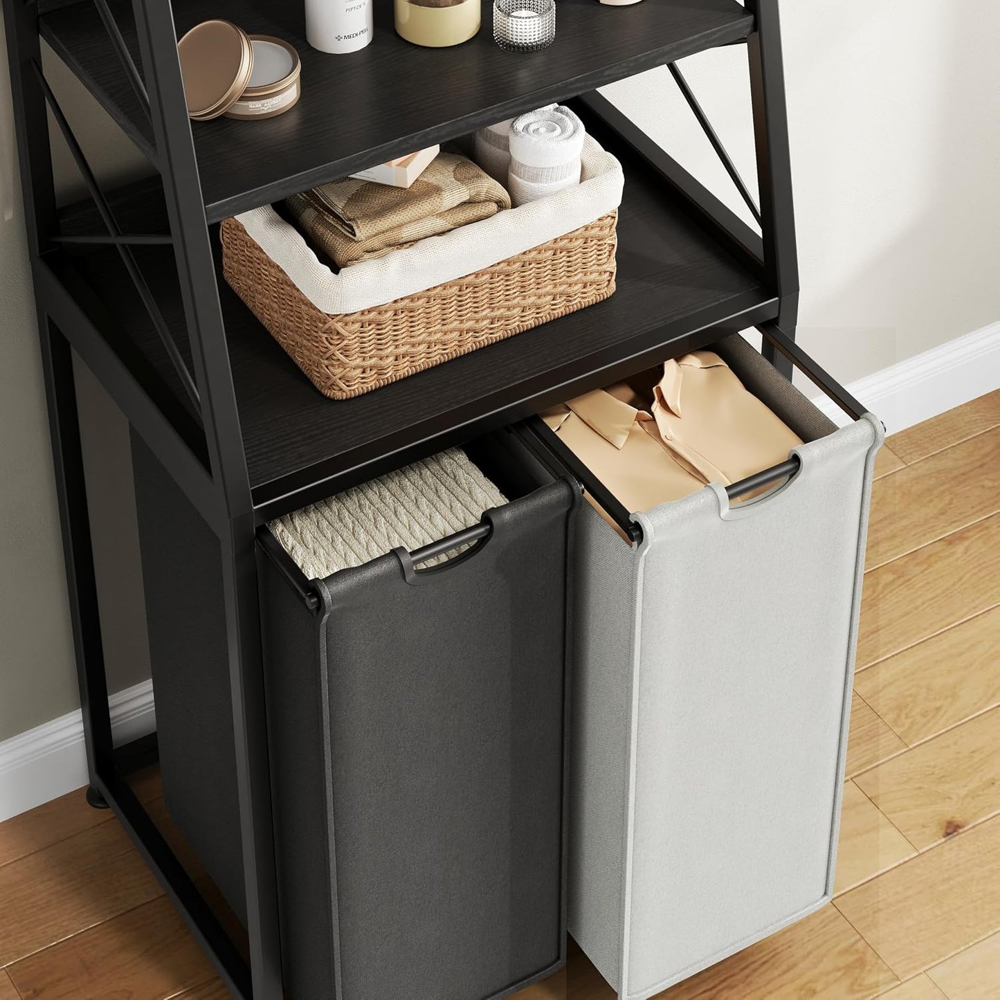 Herture Laundry Basket, 3 Section Laundry Hamper with 4 Tiers Shelf, Pull-Out and Removable Laundry Bags, Large 3 x 15.87 Gallons, for Laundry Room Bathroom Rustic Brown PF05XLN