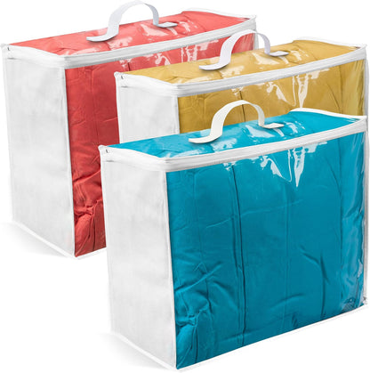 VitalUp 3 Pack Clear Plastic Storage Bags, Durable Zippered Storage Bags for Comforters, Blankets, Clothes, and Bedding - Breathable Nonwoven with Clear Front for Easy Organizing 20x20x8