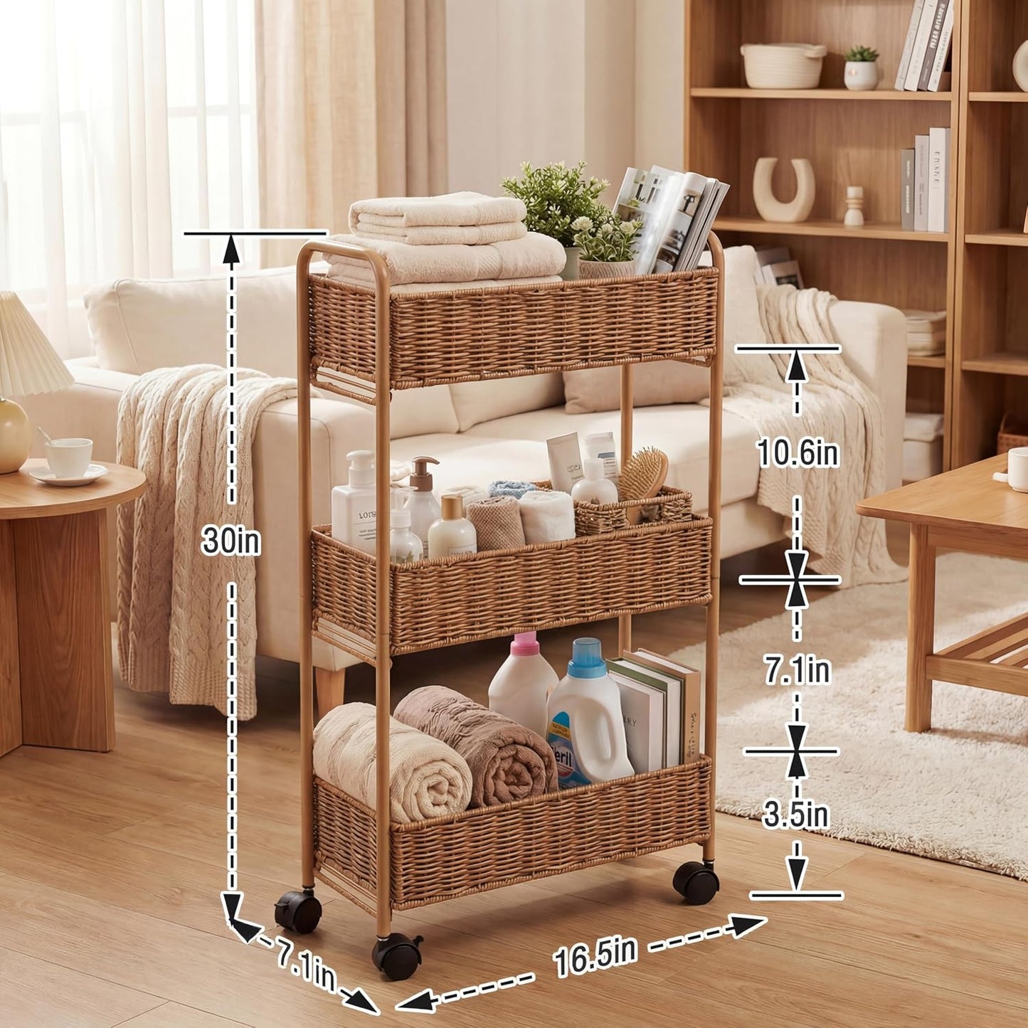 FOCHIER F Utility Slim Storage Cart,3-Tier Rolling Kitchen Office Laundry Room Cart,Mobile Shelving Unit Organizer for Living Room Bathroom Baby Diaper Narrow Places (Black, 3 Tiers-7.1 inch (W))