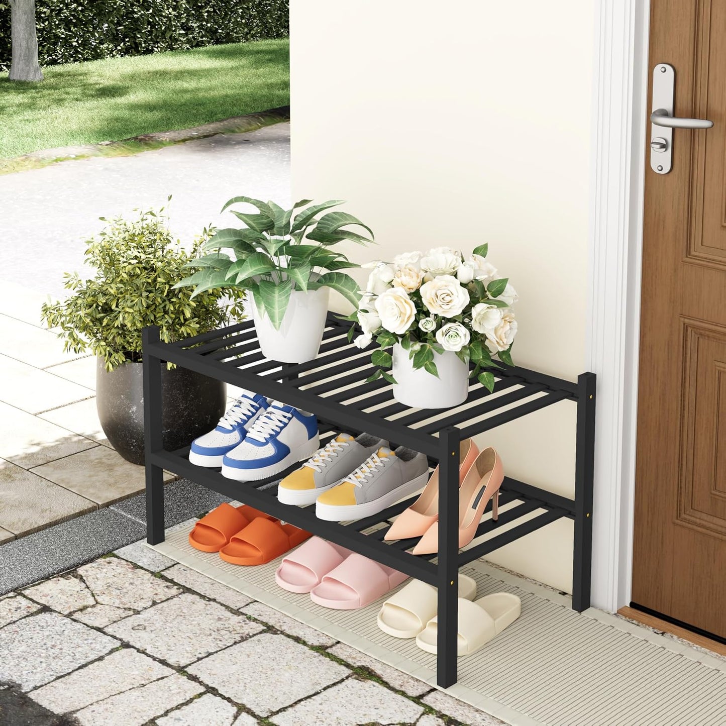 Smiry Bamboo Shoe Rack, 3 Tier Free Standing Wooden Shoe Organizer, Stackable Wood Shoe Storage Shelf for Closet, Entryway, 12 Vertical Slats, 2+1 Stack Standard Legs, 26.8"x11"x19.5", Natural