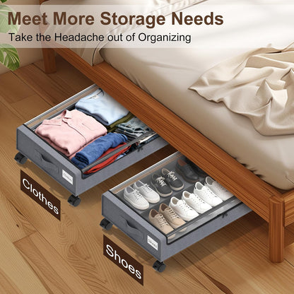 XXL Under Bed Storage with Wheels, 2 Pack 70L Extra Large Rolling Organizer, Heavy-Duty Foldable Storage Container with Lids, Fits 10" Clearance, Black