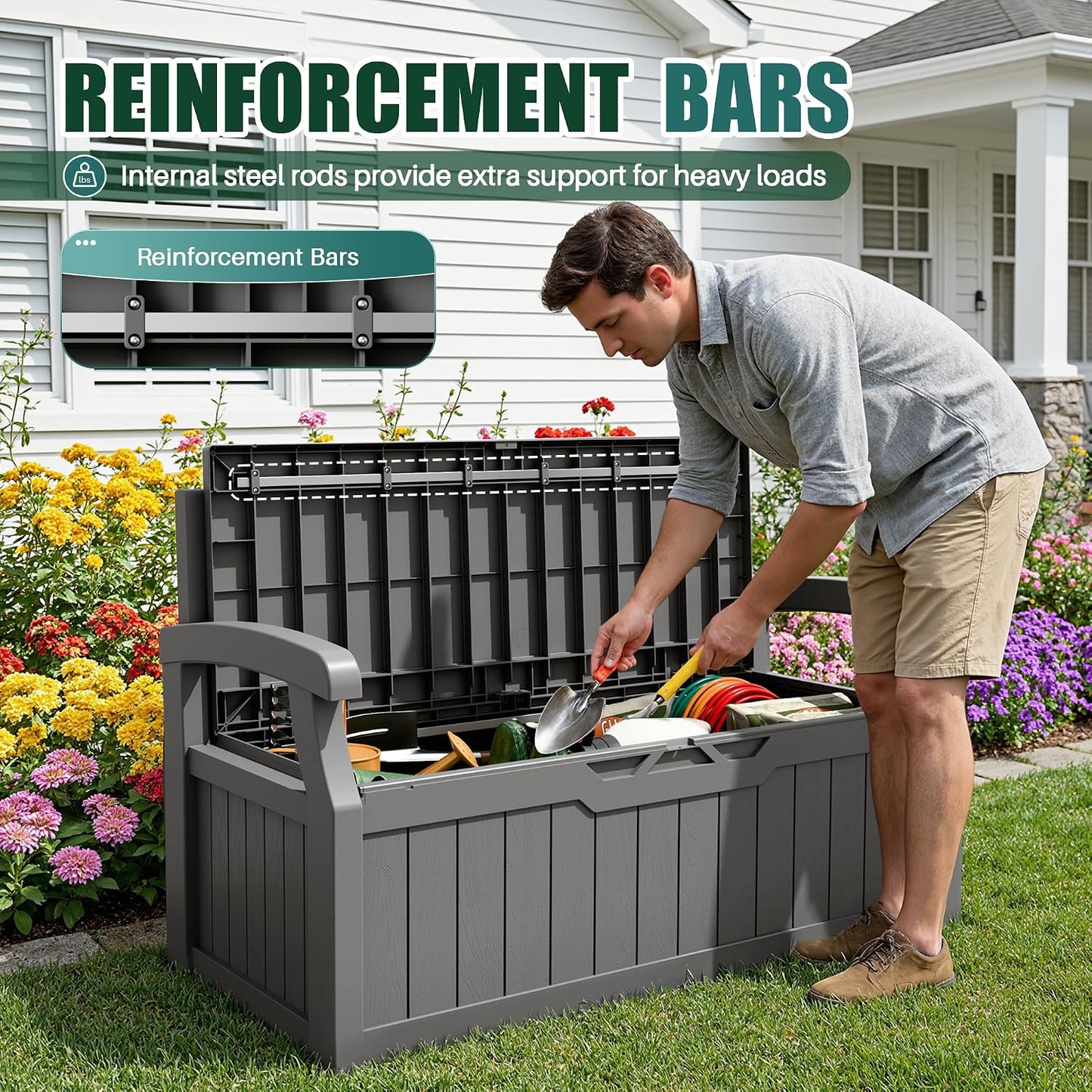 Devoko 80 Gallon Storage Bench Deck Box Lockable for Patio Furniture, Garden Decor and Outdoor Seating for Cushions, Garden Tools and Pool Supplies (Black)