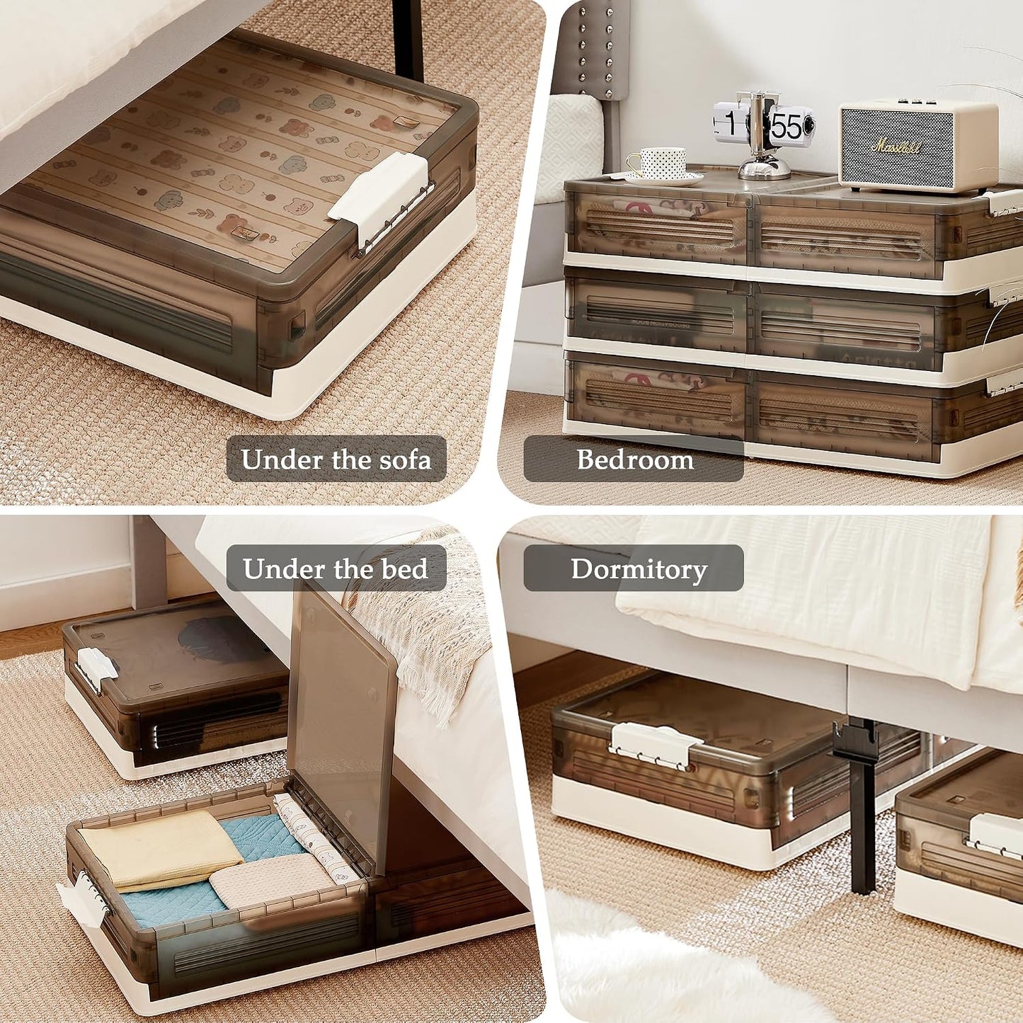 VECELO Under Bed Storage with Wheels, 2 Pack Stackable Under Bed Storage Containers, Underbed Storage Containers with Lids, Plastic Foldable Folding Box for Clothes Shoes, Grey