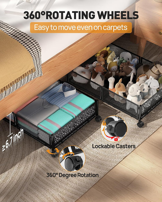 Under Bed Storage With Wheels, 2 Pack Foldable Pattern Carved Metal Under Bed Storage Containers, 60L Rolling Underbed Storage, Easy Assembly Under The Bed Storage for Shoes, Clothes, Blankets...