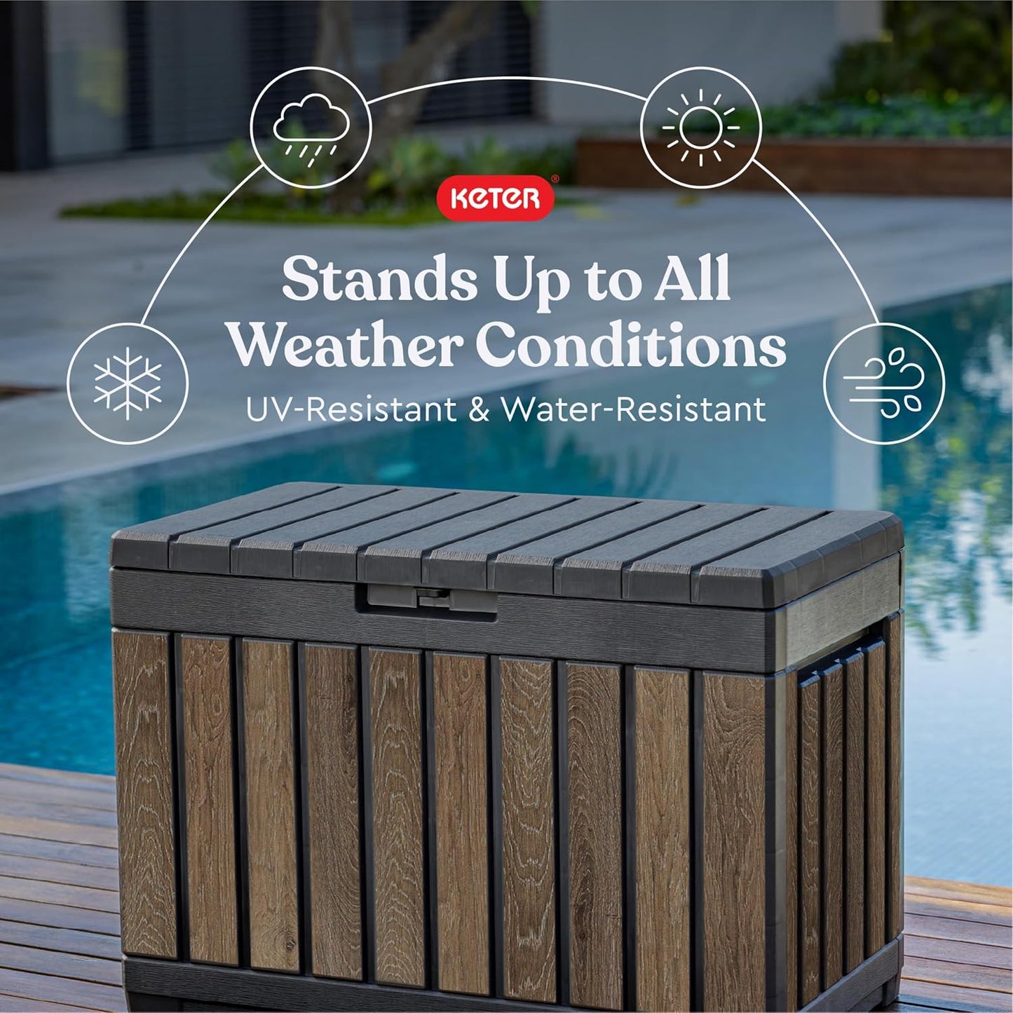 Keter Signature Everwood 30 Gallon Resin Outdoor Storage Box and Patio Furniture Side Table for Pool and Garden Accessories, Walnut