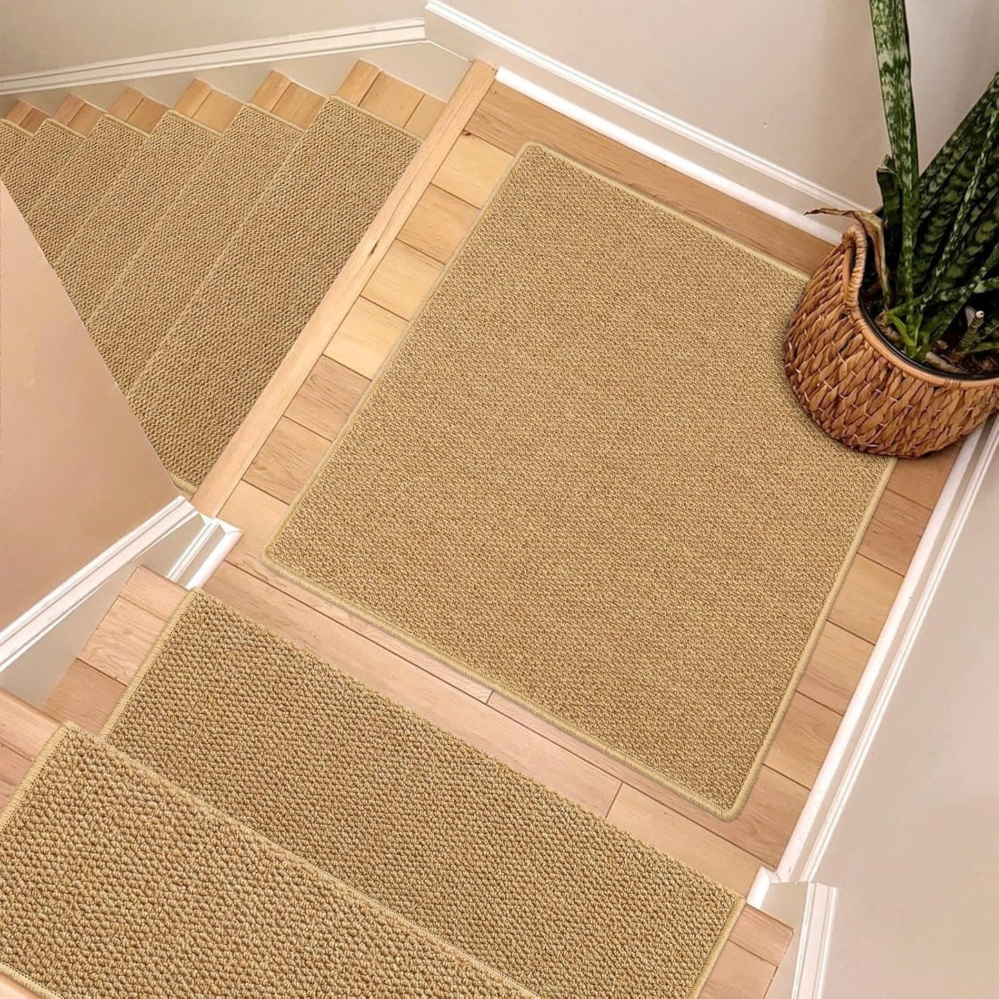 Brakki Bullnose Carpet Stair Treads, Non Slip Stair Treads for Wooden Steps Indoor, Stair Runner, Soft Stair Rugs, Edging Stair Protectors, Washable, 29.5"x9.5"x1.5" 14pcs, Beige