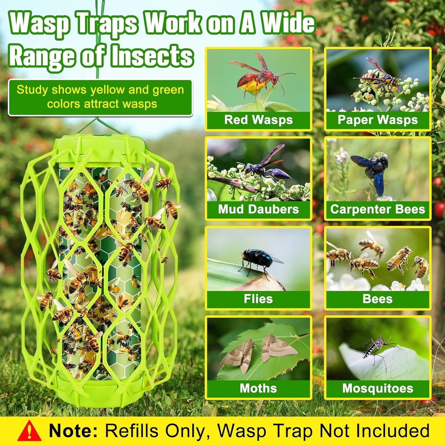 Qualirey 20 Pack Wasp Trap Refills, 12 x 8.6 inch Yellow Jacket Traps Refill Fits Most Wasp Sticky Traps, Super Sticky Wasps Trap Replacement Pads for Mud Dauber Carpenter Bee Hornet Flying Insects