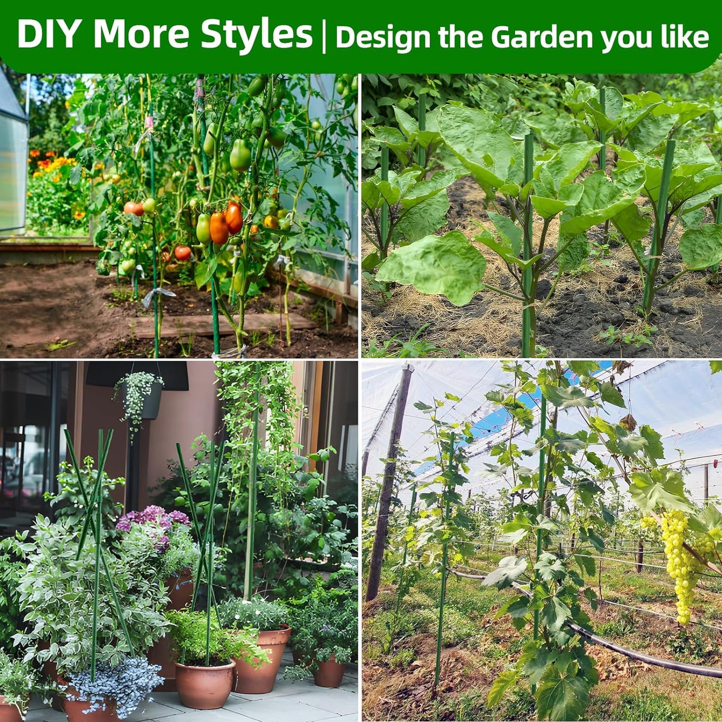 Fabulas Garden Stakes 16 Inch 30 Pack, Diy 4ft 5ft 6ft 7ft 8ft Tomato Stakes Plastic Coated Metal Plant Sticks Stakes Supports with 20 Connectors 15 Rotatable Clips for Indoor Outdoor Plants Vegetable