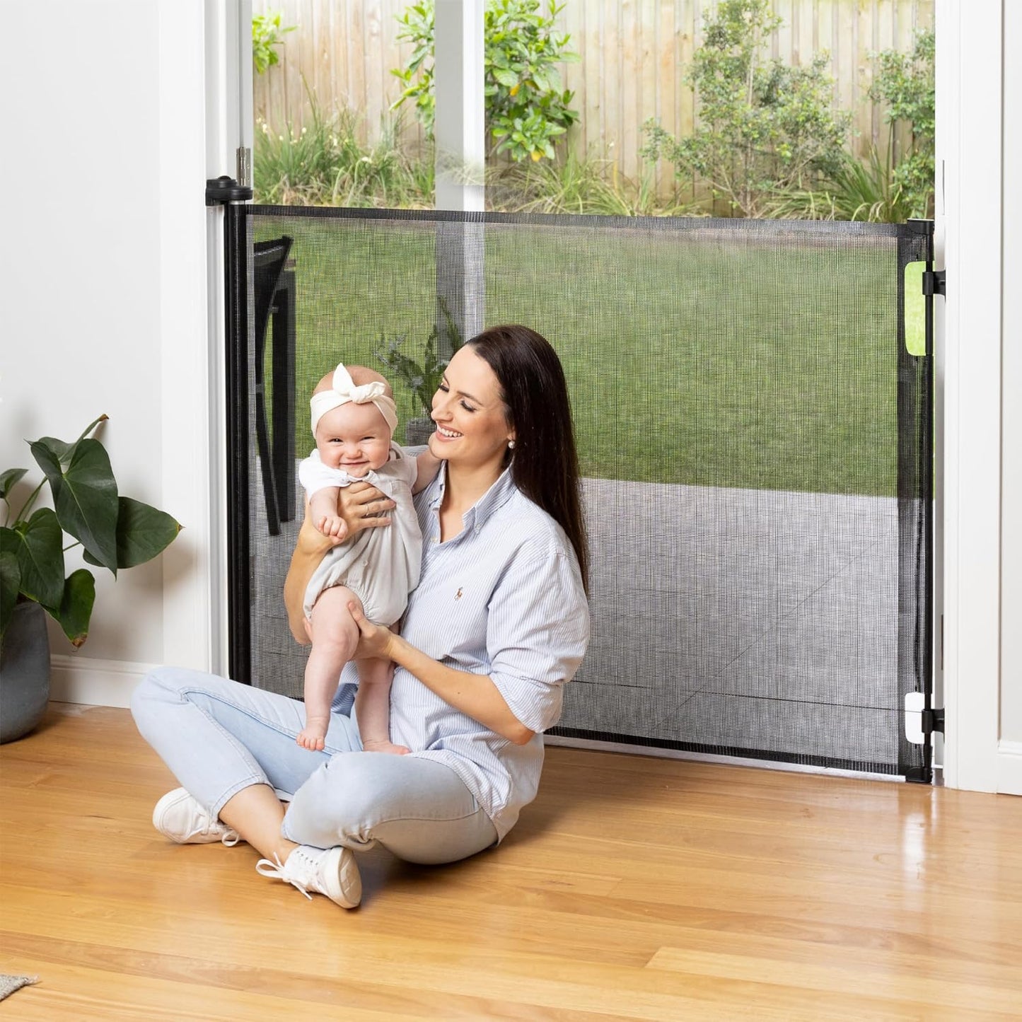 Retractable Baby Gate Perma Child Safety 33" Tall x 55” Wide, Mesh, for Stairs, Doorways, Dogs, Pets, Indoor, Outdoor, One-Handed Operation, Locking, Easy Install, Hardware Mount, White