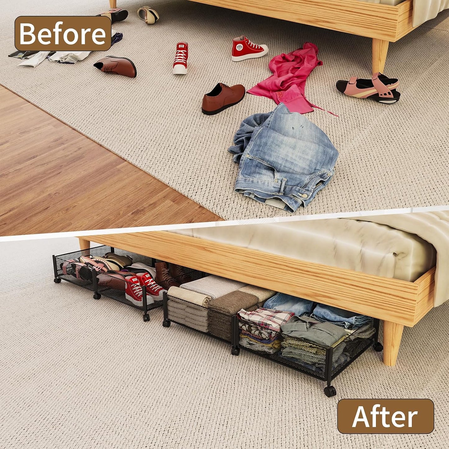 47.2'' Long Under Bed Storage on Wheels, 57.6L Large Capacity Rolling Under the Bed Storage Containers, Tool-Free Assembly Foldable Underbed Shoes Clothes Toy Drawers