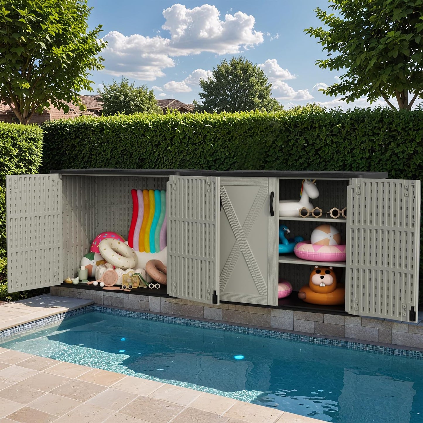 Greesum Outdoor Storage Cabinet, 26 CUFT Deck Box Without Shelves, Waterproof Plastic Storage Shed for Patio Cushions, Gardening Tools, Lockable and Sidehandles, UV Resistant, Beige