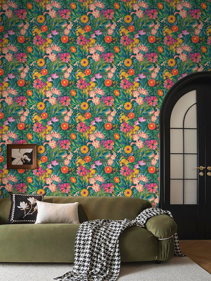HAOKHOME Peel and Stick Wallpaper Floral Renter Friendly Wall Paper Green/Purple/Pink for Bathroom Kitchen Contact Paper 17.3in x 9.8ft