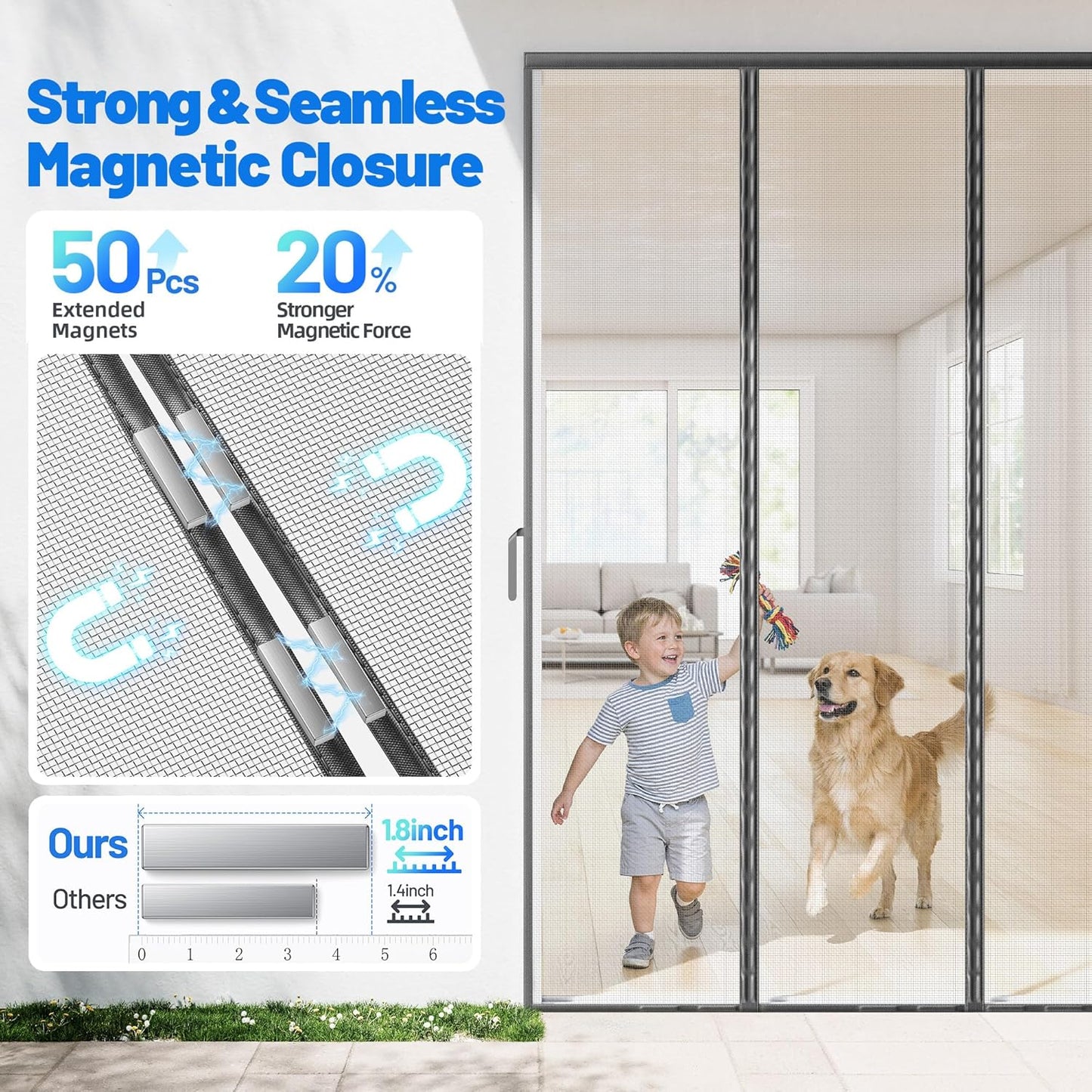 Heavy Duty Magnetic Screen Door Mesh - Auto-Sealing Hand-Free Door Net Screen with 50 Magnets, Pet & Kid Friendly, PET Fine Mesh Doors Screens Keep Bugs & Mosquitos Out Fits Front Doors Size 36” x 82”