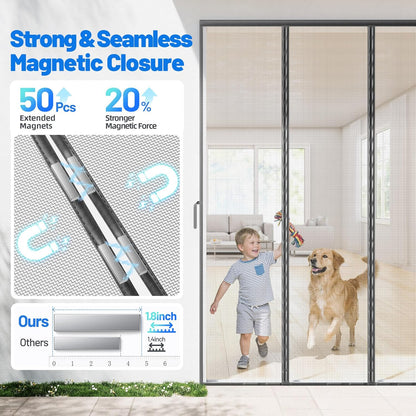 Heavy Duty Magnetic Screen Door Mesh - Auto-Sealing Hand-Free Door Net Screen with 50 Magnets, Pet & Kid Friendly, PET Fine Mesh Doors Screens Keep Bugs & Mosquitos Out Fits Front Doors Size 36” x 82”