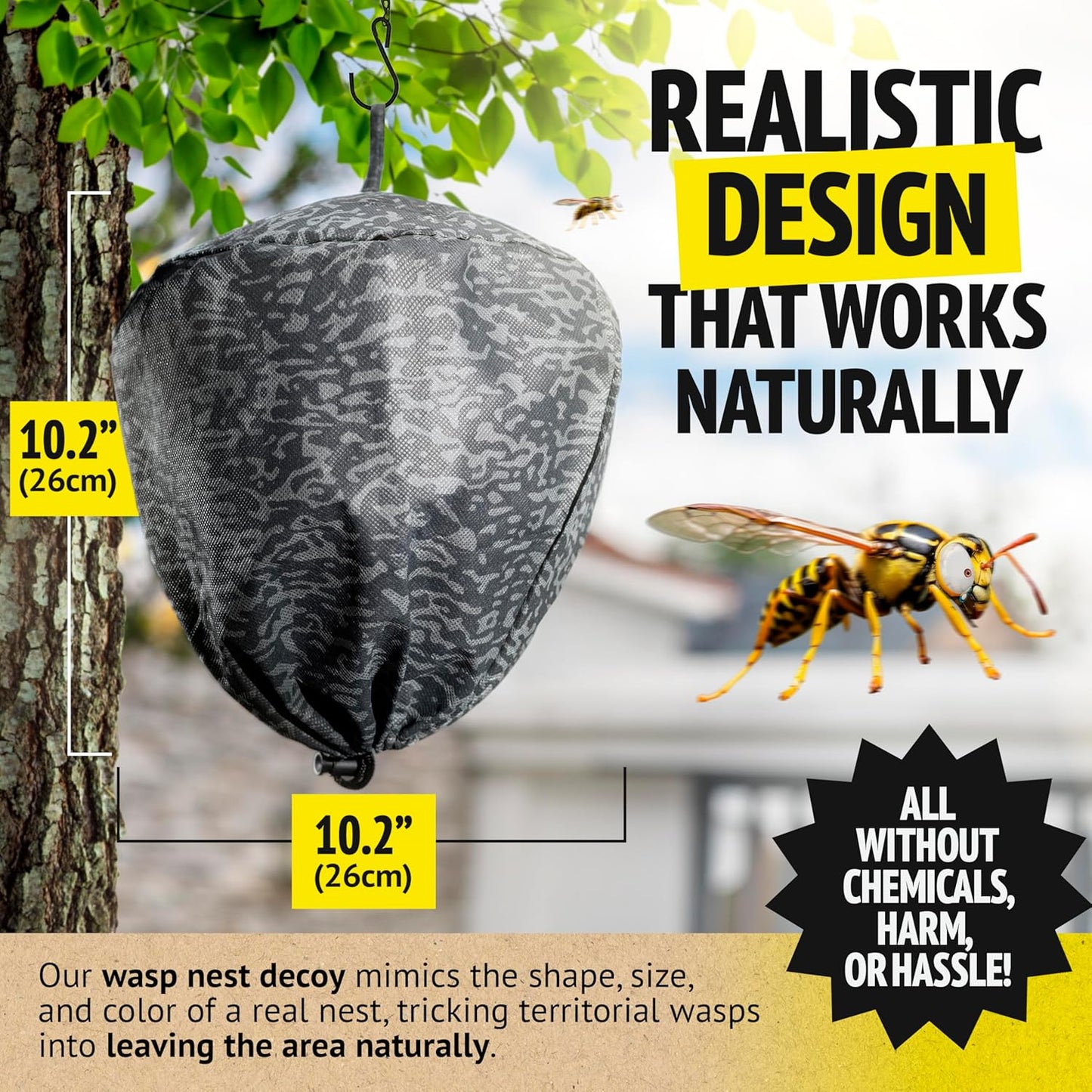 Super Ninja Fake Wasp Nest - 2 Pack, Wasp Nest Decoy for Outdoor Hanging, Yellow Jackets & Bee Repellent Outdoor, Waterproof & Tear-Resistant Deterrent for Patio & Garden