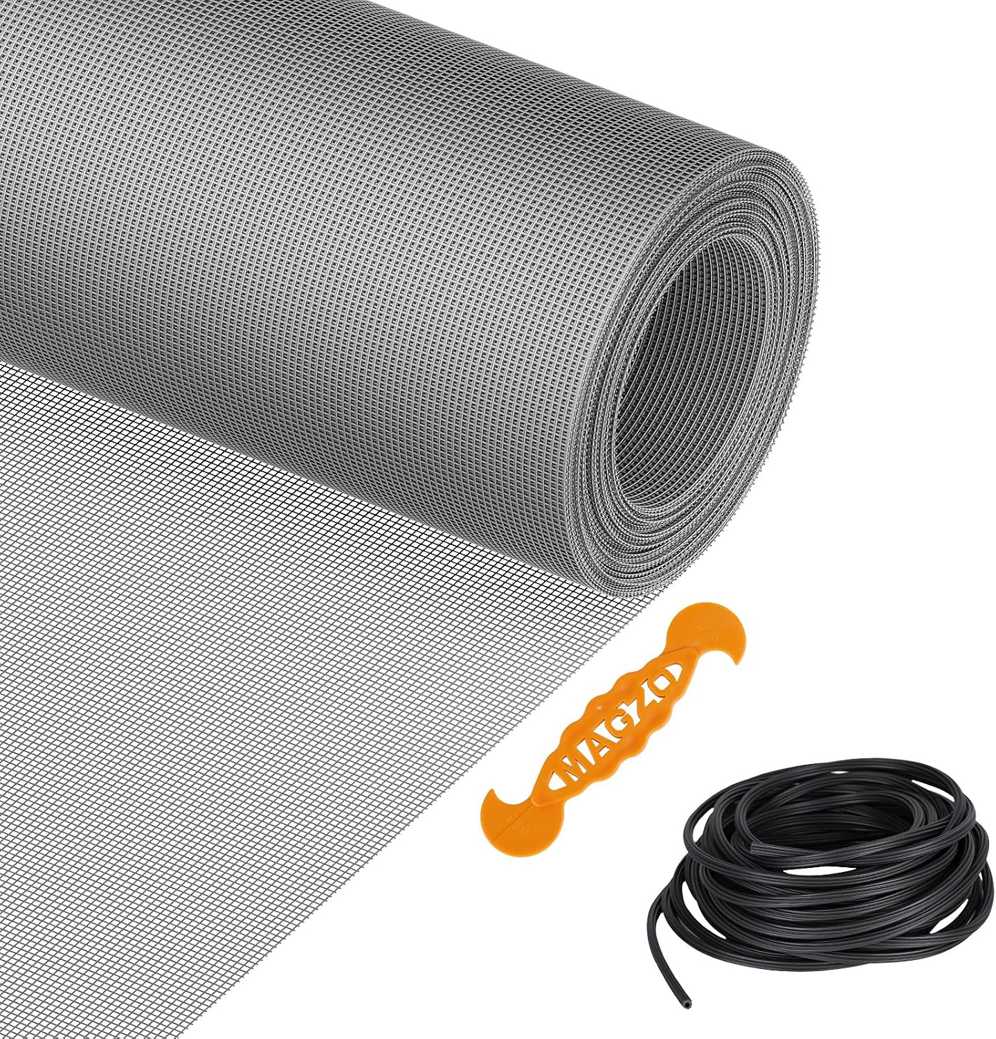 Window Screen Replacement Kit, 48"W × 99"L Durable Polyester Adjustable Screen Mesh with Retainer Spline (32ft) for DIY Project Window Screen Door Screen Replacement & Repair, Black