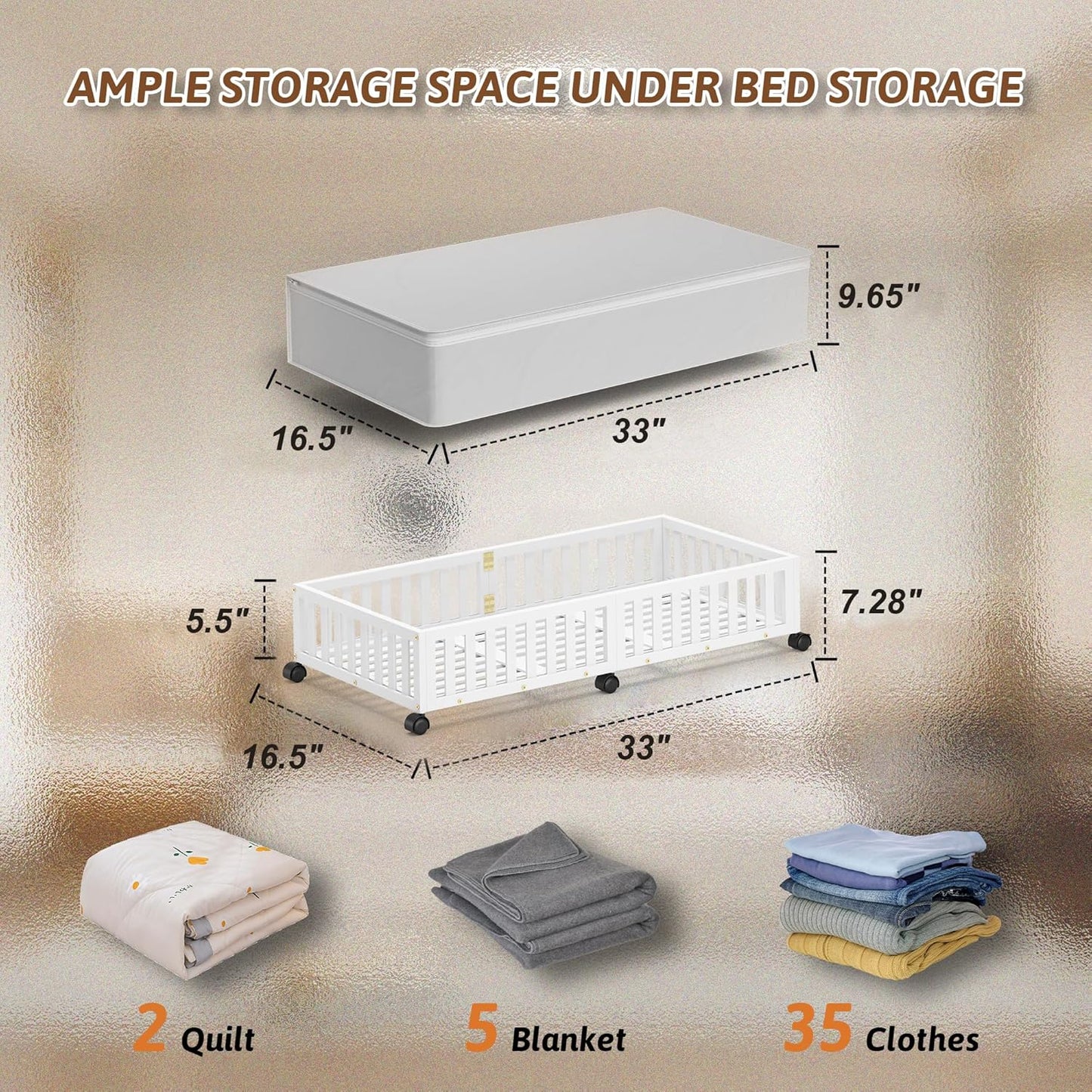 Bamboo Under Bed Storage Containers with Wheels, 2 Pack Under the Bed Shoe Storage Bins, Wood Rolling Underbed Drawers with Bag Organizer for Bedroom, Sheets Clothes Blanket Comforter, Under Crib Toy