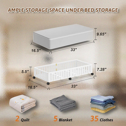 Bamboo Under Bed Storage Containers with Wheels, 2 Pack Under the Bed Shoe Storage Bins, Wood Rolling Underbed Drawers with Bag Organizer for Bedroom, Sheets Clothes Blanket Comforter, Under Crib Toy