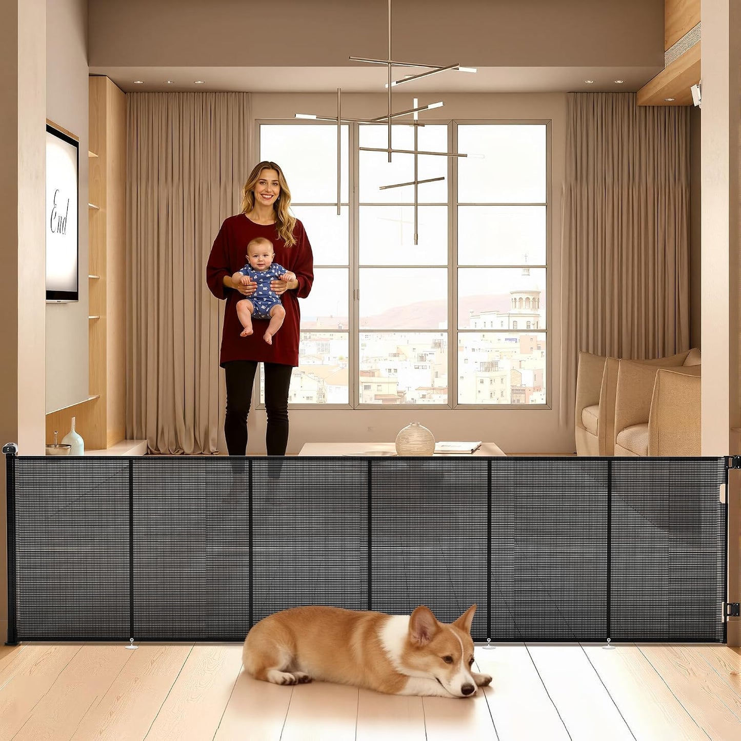Retractable Baby Gate for Stairs, 42" Tall X 200" Wide Mesh Dog Gate Indoor, Child Gate for Doorways, Hallways, Deck, Indoor Outdoor Pet Baby Safety Essentials for Home, Black