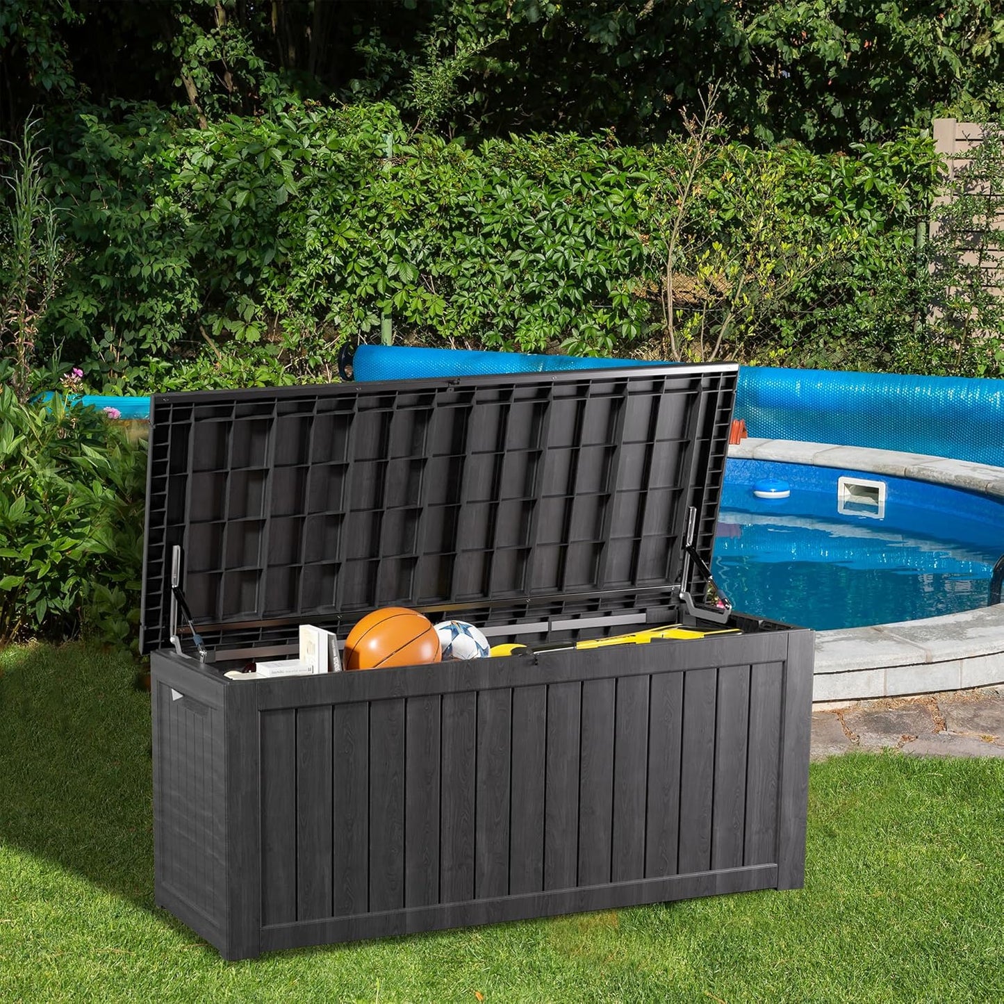 TARKARI 320 Gallon Lockable Resin Deck Box, Waterproof & UV-Resistant Outdoor Storage Box for Outdoor Cushion Storage, Garden Tools & Pool Accessories Storage, Black