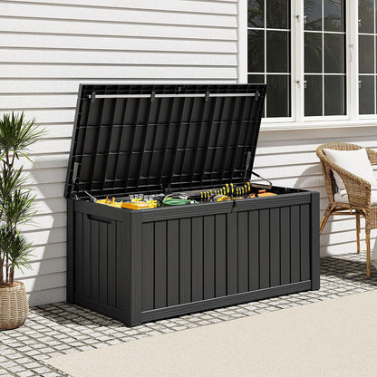 Outdoor Storage Box, Resin Deck Boxes Indoor and outdoor, Waterproof Storage Box Lockable Lid (Black, 85 Gallon)