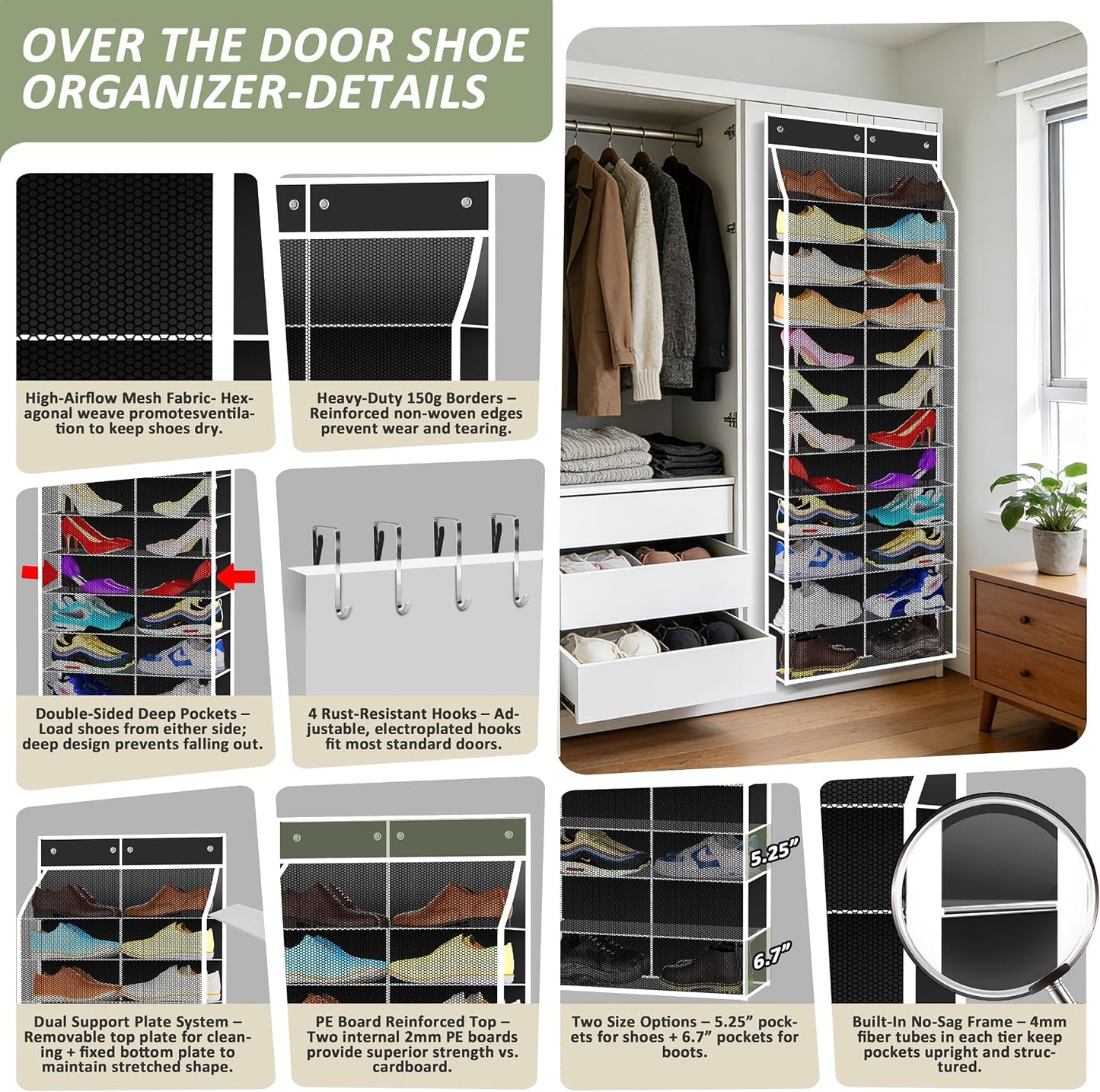 Kotkn 24-Pair Over Door Shoe Organizer for Family & Kids, Double Sided | Hanging Storage for Sneakers, Boots, Toys & Room Organization-Graphite Gray