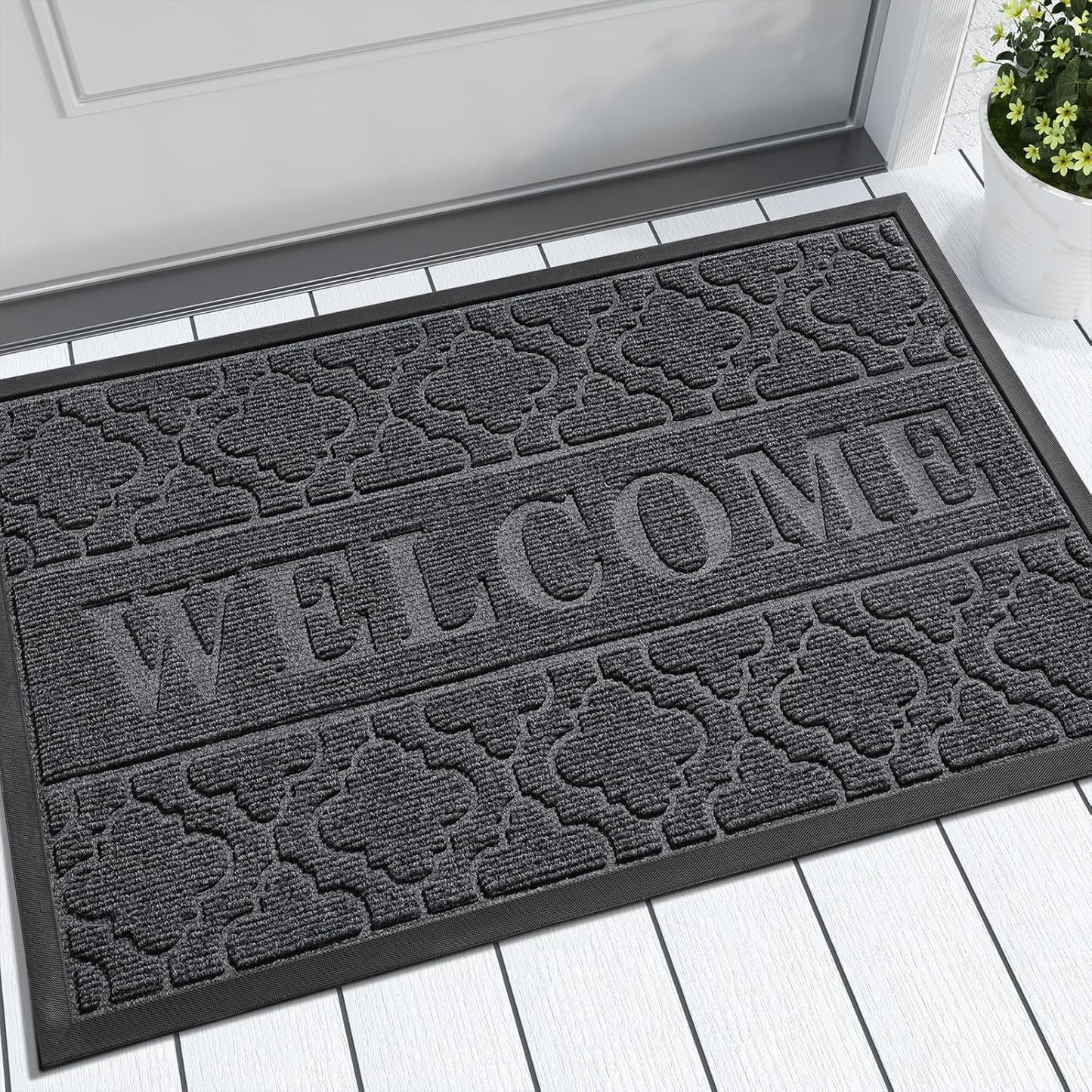 Yimobra Welcome Mat Outdoor Indoor, All-Weather Waterproof Front Door Mat Outside Entrance, Non-Slip Low Profile Porch Patio Doormat, 29.5x17, Black