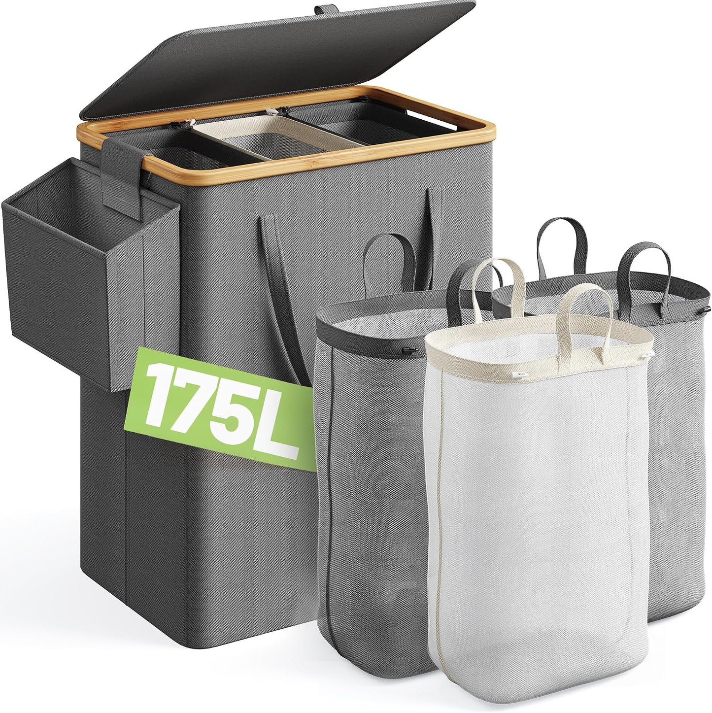 175L Laundry Hamper with Lid 3 Section, Extra Large Laundry Basket with 3 Removable Bags, 46 GAL Laundry Basket Organizer for Bedroom, Laundry Room, Dorm, Grey