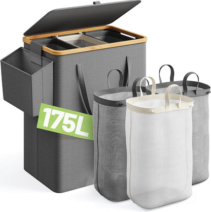 175L Laundry Hamper with Lid 3 Section, Extra Large Laundry Basket with 3 Removable Bags, 46 GAL Laundry Basket Organizer for Bedroom, Laundry Room, Dorm, Grey