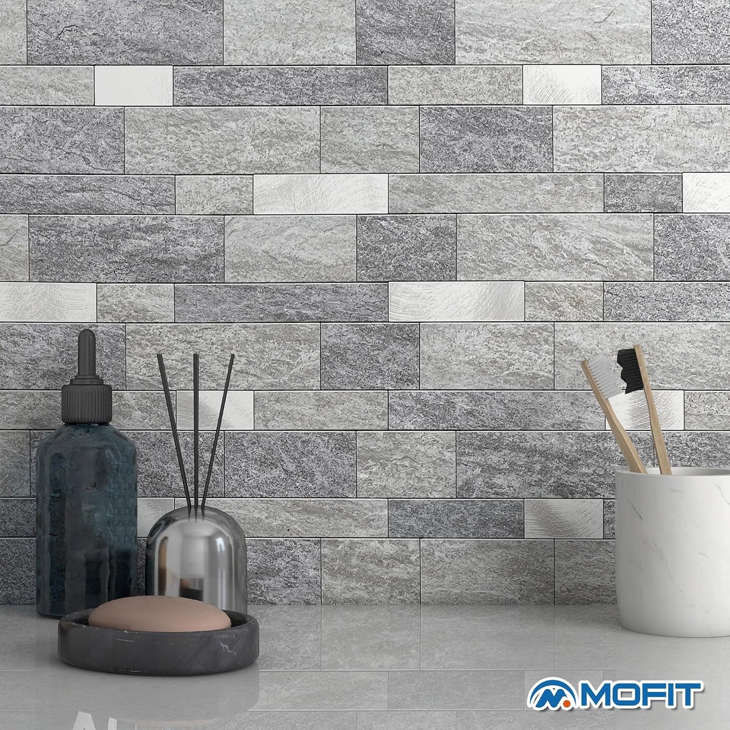 MOFIT Backsplash Tile for Kitchen Peel and Stick Stone Matte Finish,Bathroom Tiles Stickers 3D Wall Panel Linear Mosaic Marble Backsplash Waterproof(10sheets,Blue Green Gray)