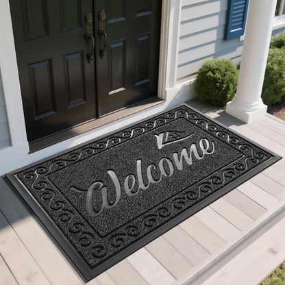 Yimobra Welcome Mat, Heavy Duty Sturdy Door Mats for Home Entrance Outdoor Indoor, Front Doormat for Outside Patio Floor Entry Porch Garage Office, Waterproof, Low Profile, 29.5x17, Black Grey