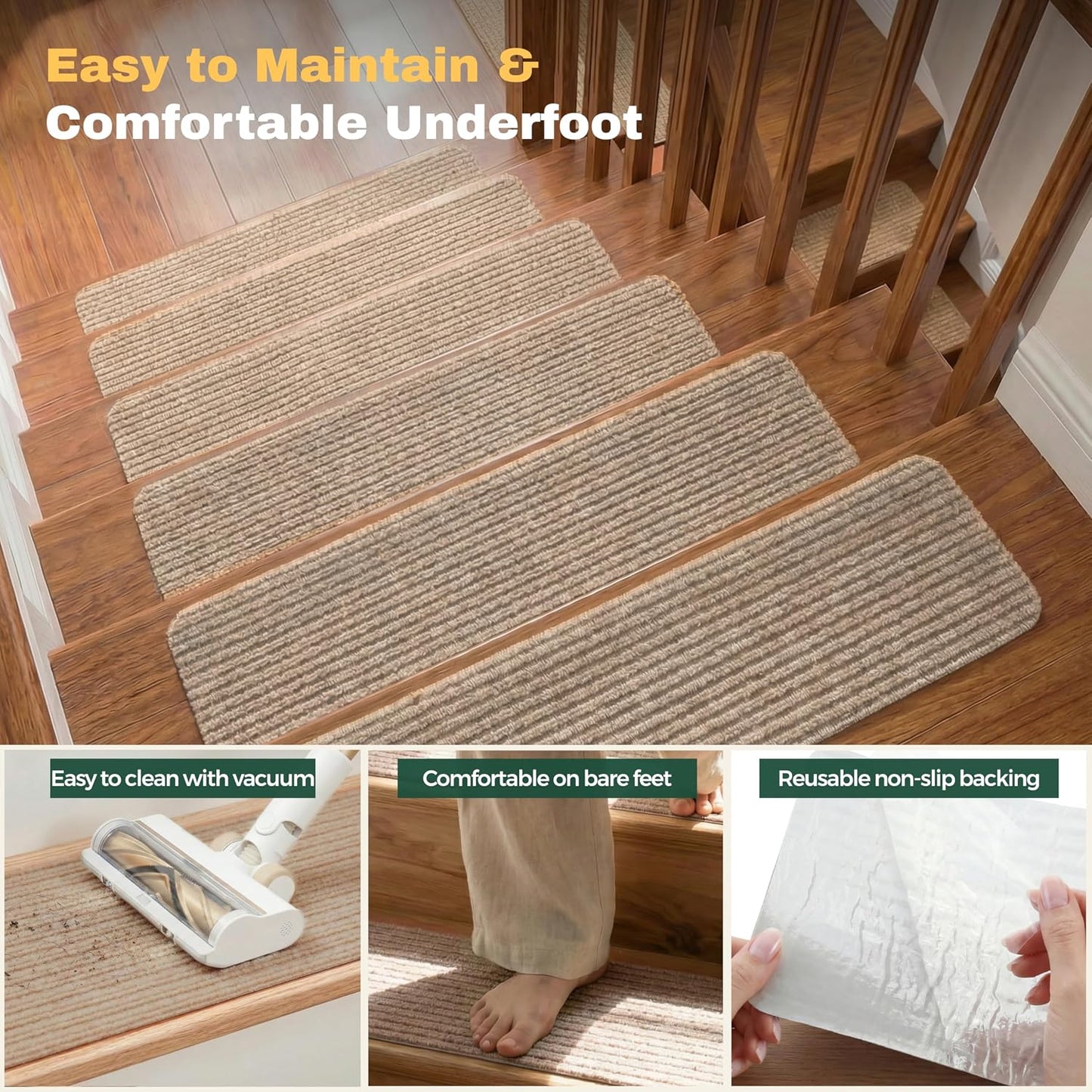 MBIGM 8" X 30" (15 in Pack) Nonslip Carpet Stair Treads Non-Skid Safety Rug Slip Resistant Indoor Runner for Kids Elders & Pets with Reusable Adhesive - Brown - Non Slip Stair Treads Indoor