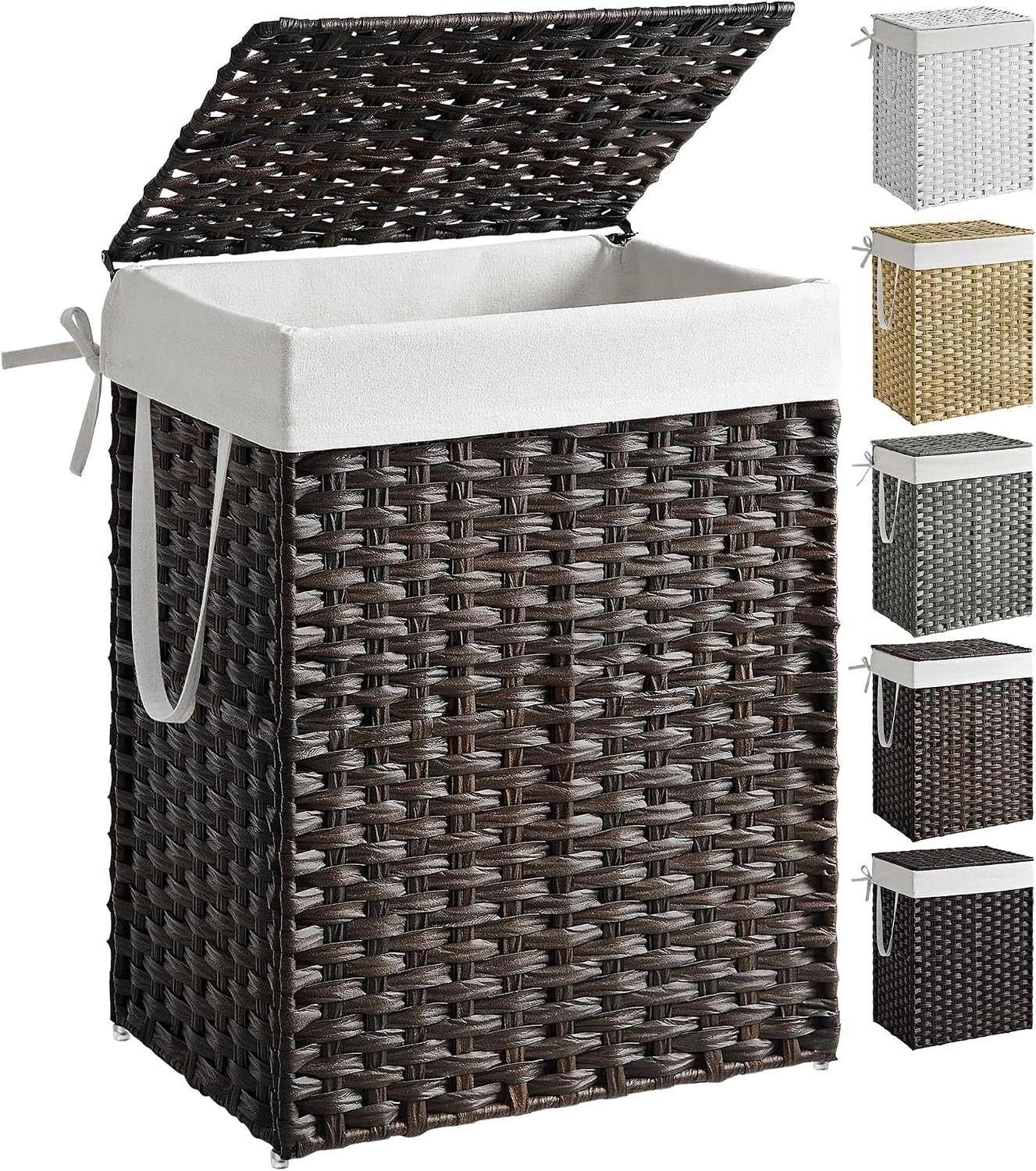SONGMICS Laundry Hamper with Lid, 23.8 Gallon (90 L) Synthetic Rattan Clothes Laundry Basket with Lid and Handles, Foldable, Removable Liner, Chestnut Brown ULCB051K02