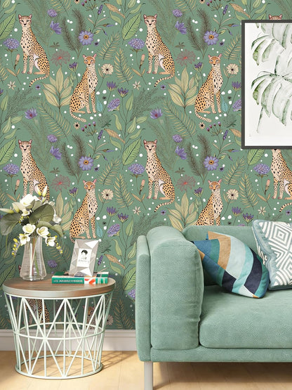 Floralplus Peel and Stick Wallpaper Leopard Jungle Removable Wallpaper for Bathroom Renter Friendly Wallpapers Self Adhesive Animal Floral Contact Paper for Accent Wall 17.5 x 118 in