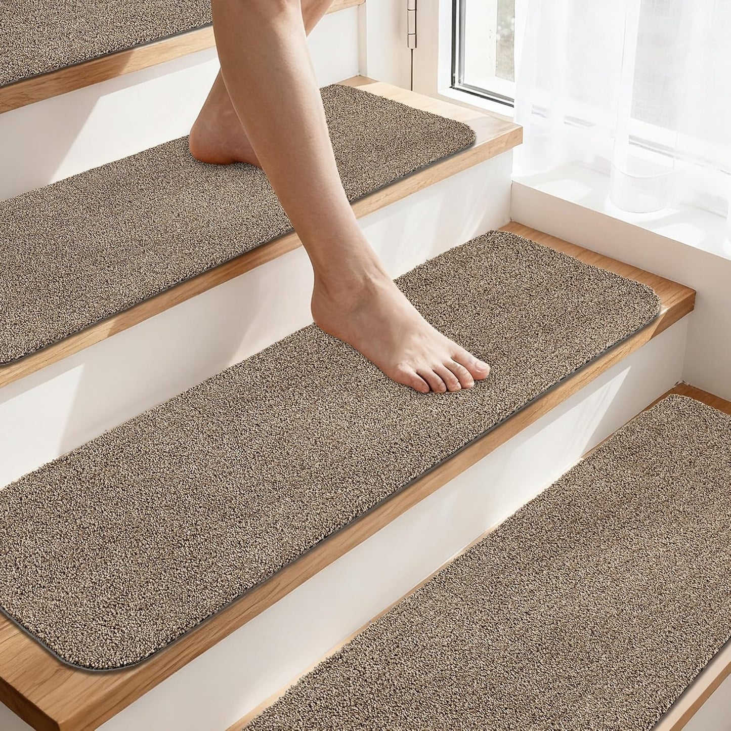 COSY HOMEER Stair Treads for Wooden Steps Non-Slip Carpet Mat,4pcs,Brown | Cut to Size,Peel and Stick,Washable,Residue Free,Self Adhesive,Stair Runner for Kid Elder Pet,28“x9”Carpet Stair Treads