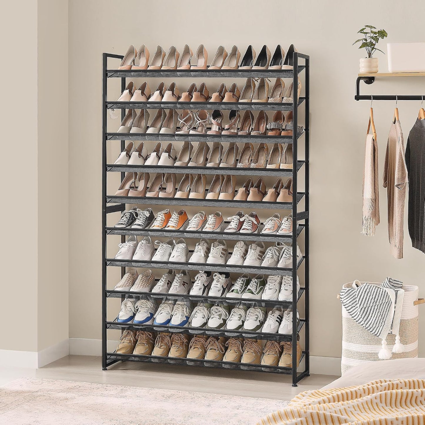 Nunsino Shoe Rack, Long Shoe Organizer,Max Holds 62 Pairs,10 Tier Metal Shoe Storage Shelf,5-Tier Stackable Shoes Organizer for Garage, Entryway,Black