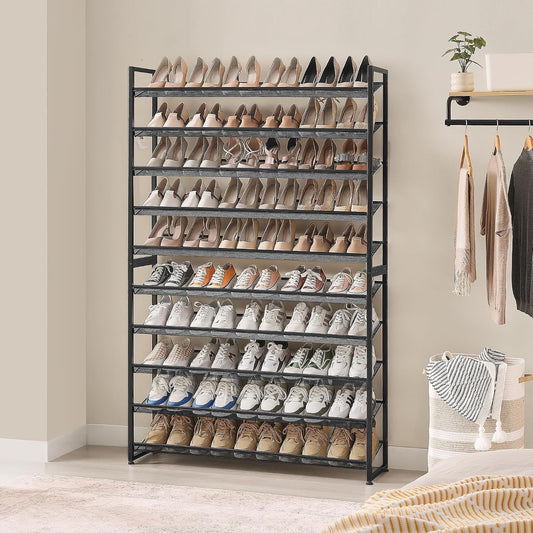 Nunsino Shoe Rack, Long Shoe Organizer,Max Holds 62 Pairs,10 Tier Metal Shoe Storage Shelf,5-Tier Stackable Shoes Organizer for Garage, Entryway,Black