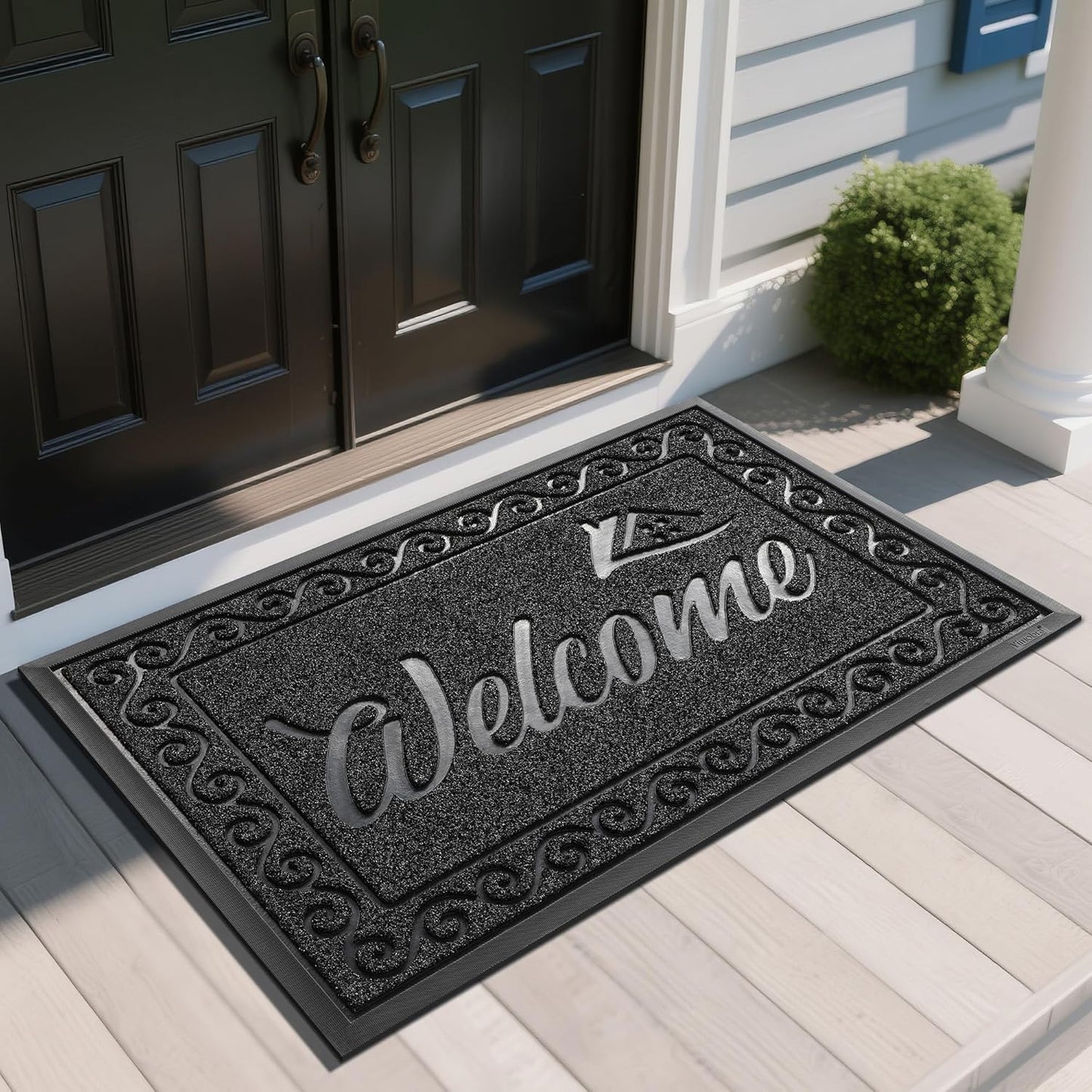 Yimobra Welcome Mat, Heavy Duty Sturdy Door Mats for Home Entrance Outdoor Indoor, Front Doormat for Outside Patio Floor Entry Porch Garage Office, Waterproof, Low Profile, 29.5x17, Black Grey